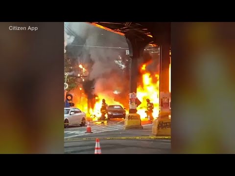 Truck explodes into flames, burns nearby cars in Eastchester section of Bronx, New York