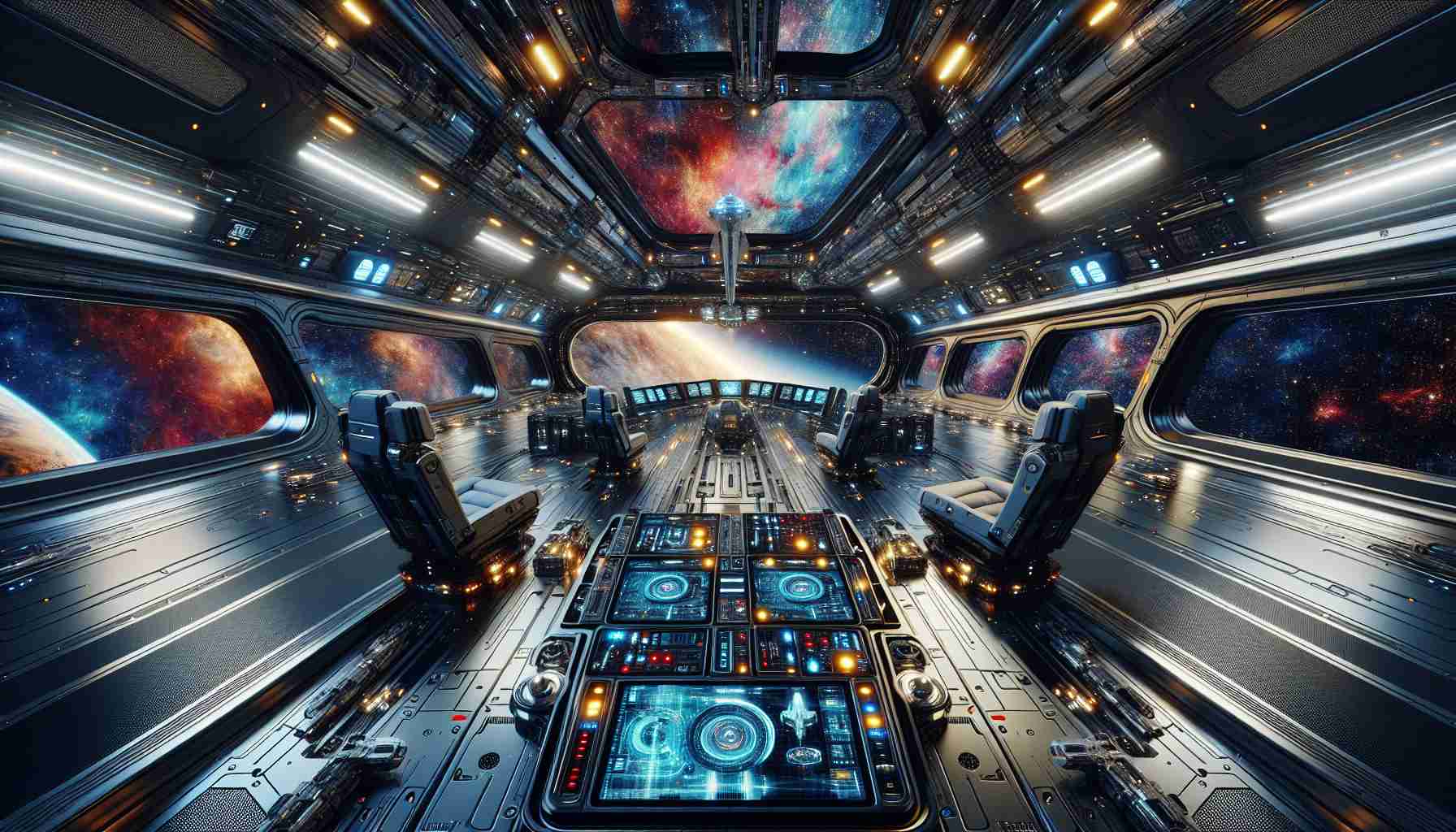 An ultra-high definition, realistic image showcasing the ground-breaking features of the impressive space vehicle, the Celestial Voyager. The scene provides a sneak peek into the futuristic technological advancements aboard the ship, revealing a well-furnished cockpit equipped with cutting-edge control systems, gleaming metallic corridors, and high-tech facilities. A vibrant star-studded cosmos can be seen through the ship's large glass windows, adding a sense of awe and wonder to the exquisite picture.