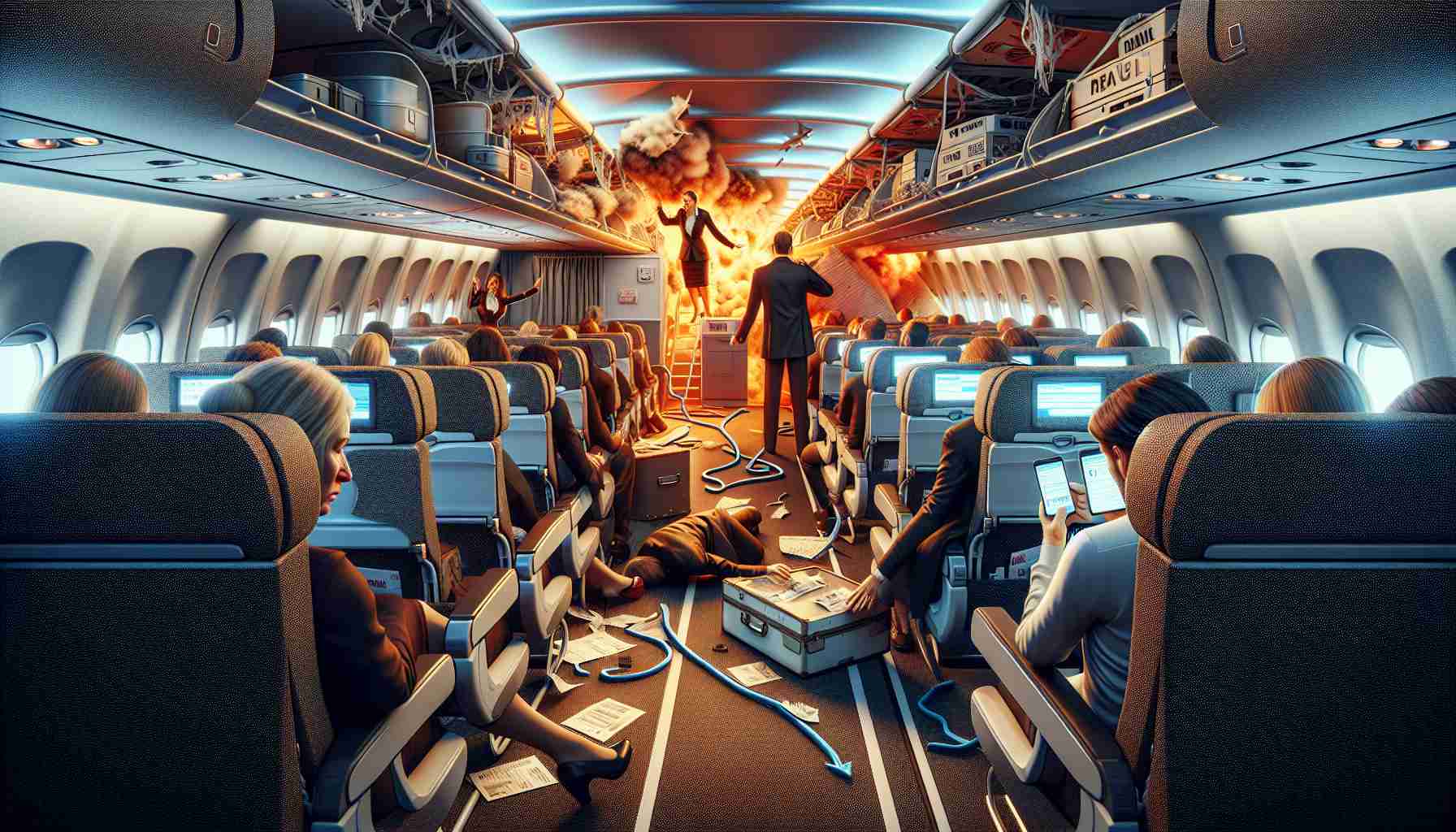 An image representing an unexpected event on a flight that causes inconvenience for the passengers, all depicted in high definition realism. It could show disarray inside the cabin with passengers expressing discomfort and disrupted service.