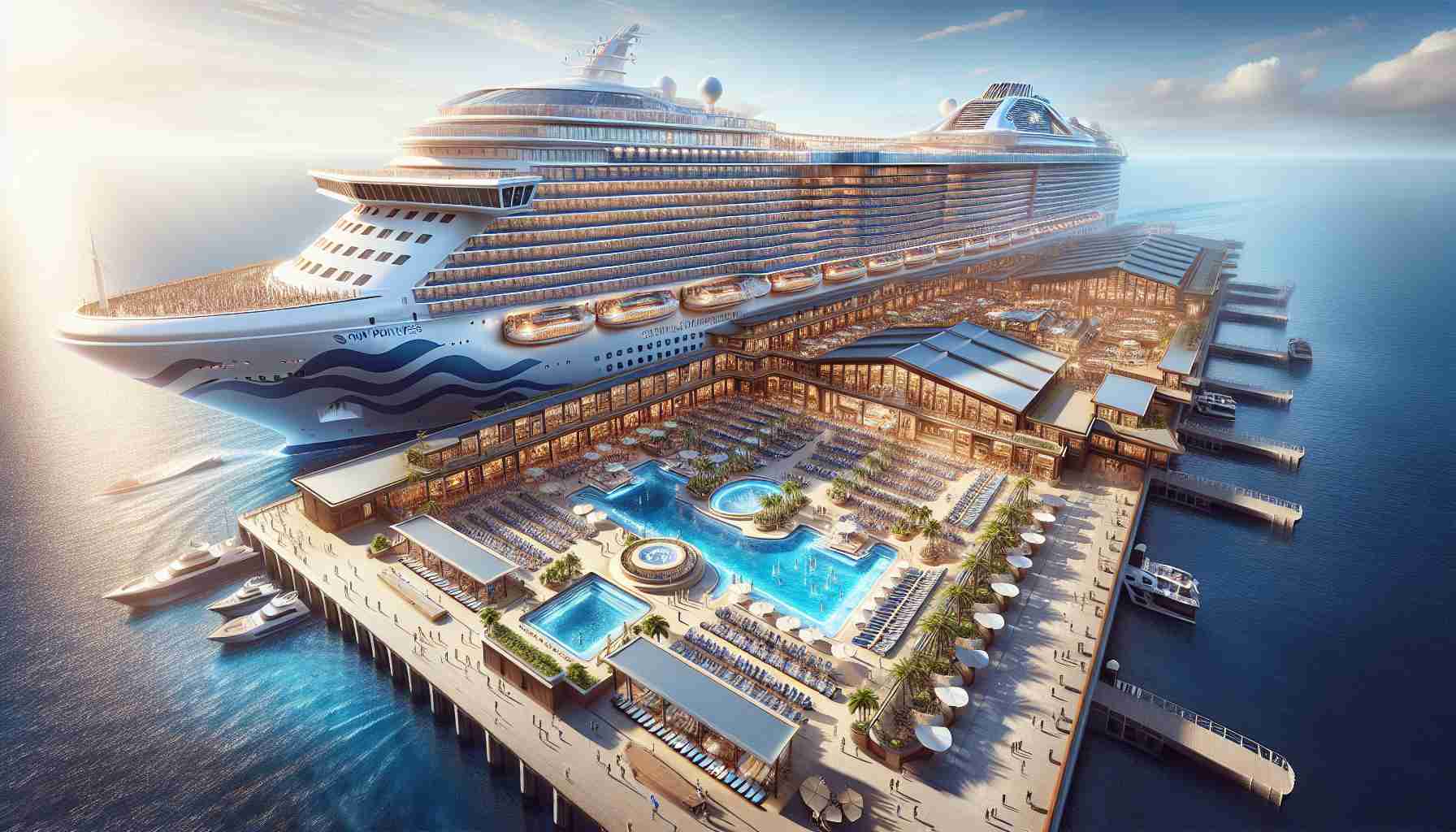 A Grand and luxurious cruise ship named 'Sun Princess' docked at a sun-kissed port under a clear, blue sky. The massive cruise liner is filled with exceptional amenities unfold layer by layer - lavish guestrooms with balconies overlooking the ocean, a multitude of dining options serving gourmet cuisines, recreational facilities like swimming pools, spa services, and spacious decks for guests to lounge and enjoy the sea breeze. The scene sets the tone for the exciting new adventures awaiting the guests aboard this sea giant. The image should be highly detailed and have a realistic, high-definition quality.
