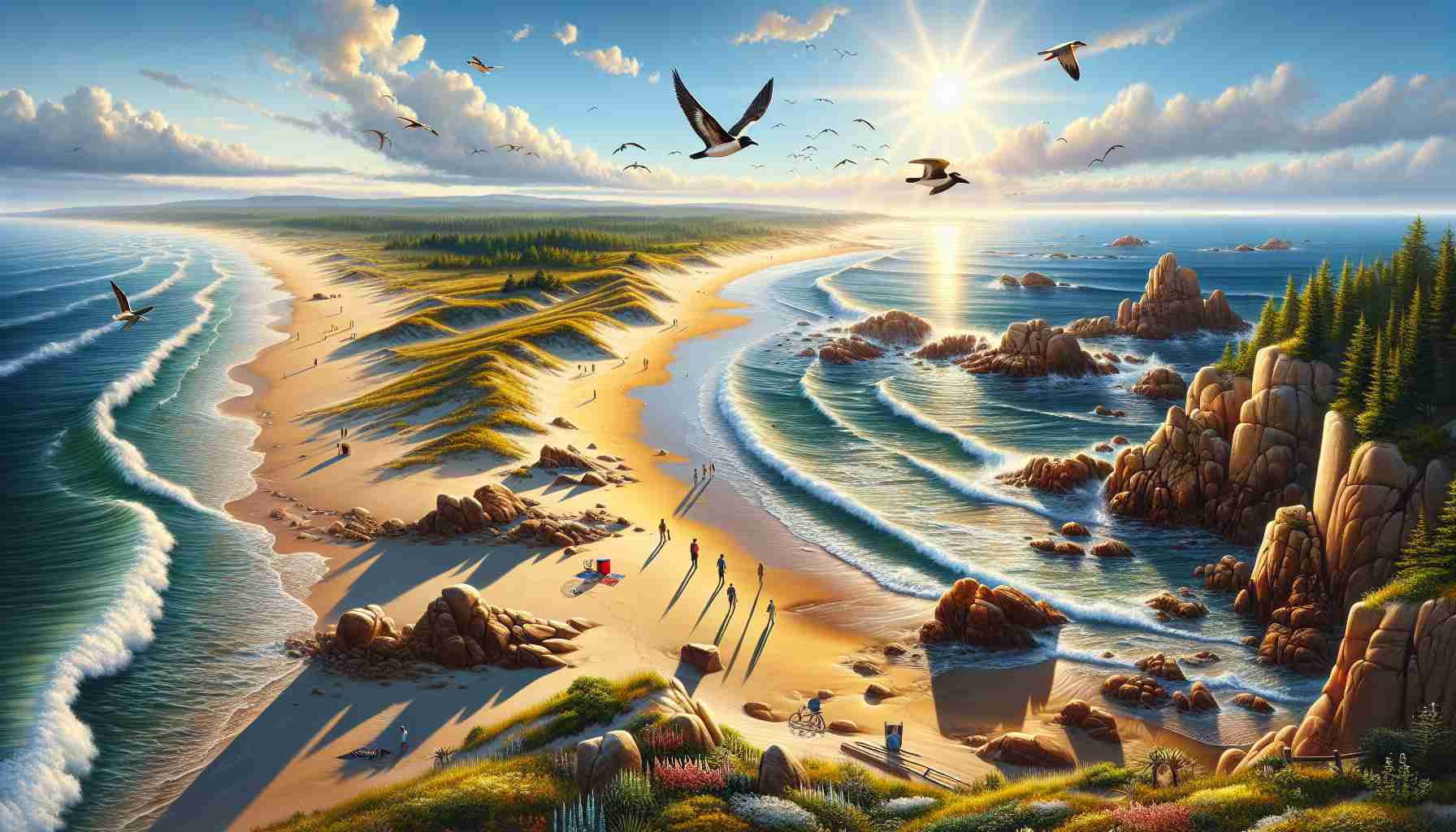 A high-definition, realistic image of an exploration adventure on a Massachusetts beach. Capture the essence of the beach with its vast stretch of sand, the rushing waves of the Atlantic sea, rock formations, and native beach plants. Spectacular view of the sun casting long shadows, seabirds swooping down, and occasional visitors combing the beach or engaging in beach activities. Paint the scene with an array of natural colors from the coastal palette and immerse the viewer in the incredible beauty of Massachusetts's coastal wonders.