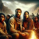 Realistic, high-definition image of an unexpected adventure. It showcases a family consisting of a Middle-Eastern father, Hispanic mother, and two Black children (one boy and one girl). They look astonished and a bit exhausted yet determined, stranded in uncharted terrain. The surroundings reveal an untouched, wilderness setting, with towering mountains in the backdrop, providing a feeling of isolation. Their faces illuminated by the warm glow of a makeshift fire. Their expressions suggest bewilderment but also courage, hinting at their resilience amid uncertainty.