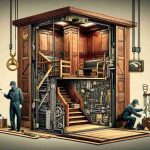 A highly-detailed, realistic image showcasing the mysterious revival of historic elevators. Depict a cross-section of olden style, manual elevators with wooden interiors and a brass lever control system being restored to a pristine state. Include experts diligently working on refurbishing the parts. Emphasize the contrast between the well-used, aged details of the elevator and the emerging revitalization. Ensure that the scenery should have a touch of mystery surrounding the restoration process.