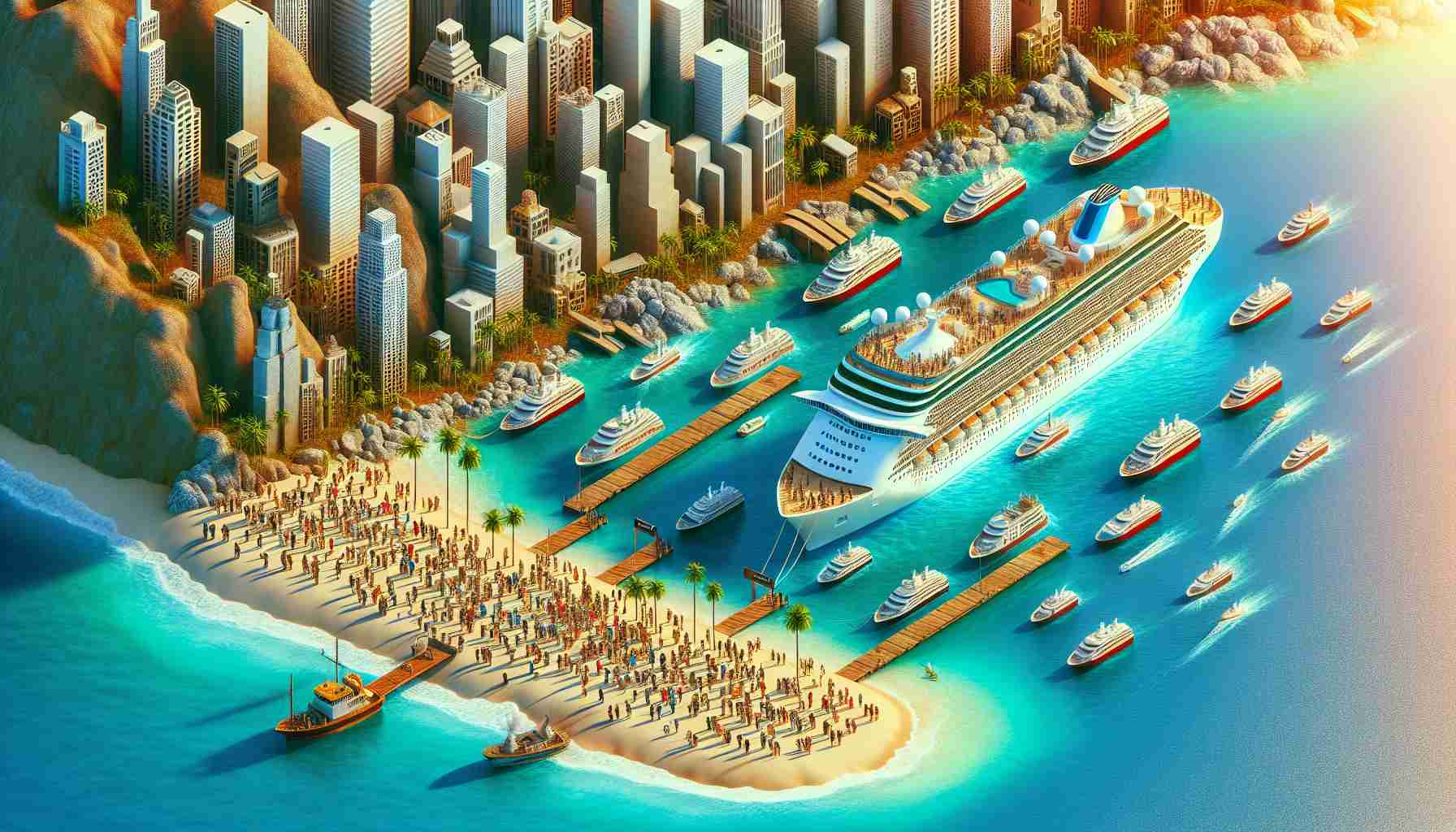 A well detailed, high-definition photograph depiction of the rise in interest towards alternative cruise destinations. Manifest this by showcasing several cruise ships sailing in unconventional seasides or unusual bodies of water. To signify shifting industry trends, present billboards or digital displays on the docks, indicating increased bookings for these unique destinations. Also, include various groups of people on the cruise viewing these alternative sites with excitement, embodying a diverse range of genders and descents such as Caucasian, South Asian and Middle-Eastern.