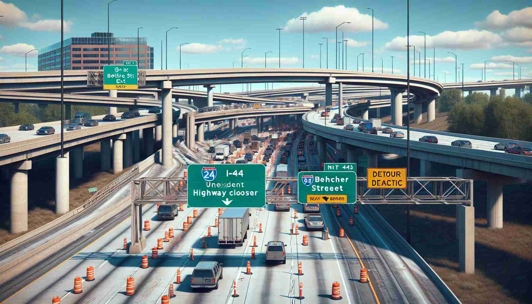 High definition Photo-realistic image showing an unexpected highway closure on the Northbound direction of a large freeway, which has similar structures and traffic flow like I-43/94, near an exit that has similar features to Becher Street. Signboards indicating the closure, flashing lights, detour directions and stranded traffic is visible against the daytime sky.