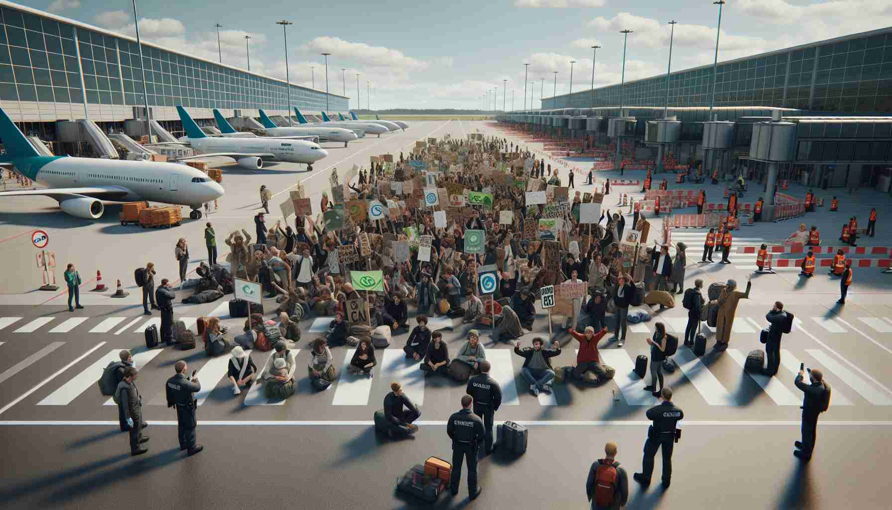 A high-definition, realistic image of a group of climate activists holding placards and banners at a German airport. There are signs of disruption as several activists sit on the tarmac, blocking the runway, while others chant and protest near the terminals. A group of airport security personnel are seen discussing on taking enhanced security measures. The activists are of varying genders and descents, including Caucasian, Hispanic, Black, South Asian, and Middle Eastern individuals.