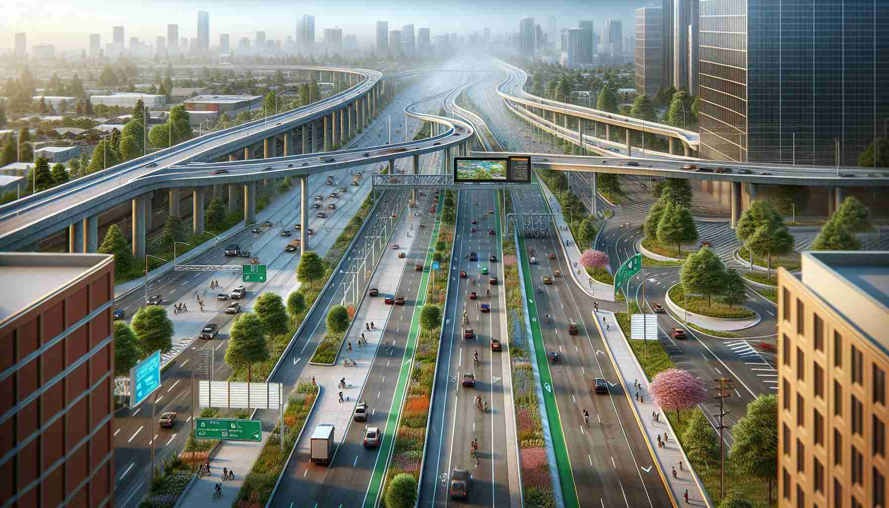 A highly detailed and realistic image showing upcoming improvements to a parkway aimed at enhancing the commuter experience. The scene captures a wide parkway under development, with modern-looking infrastructure such as wider lanes, newly installed electronic signboards for real-time traffic updates, and environmentally conscious landscaping that includes trees and grass banks. The designs and plans are intended to make daily commutes smoother and more enjoyable, with clear lanes for bicycles, aesthetically pleasing pedestrian walkways, and dedicated carpool lanes in view. The color scheme of the image should reflect daytime with clear sky.