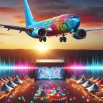 High definition, realistic image of a commercial aircraft, painted in the bright colors reminiscent of a music festival. This plane is flying in a clear sky with the sun setting in the background. The logo on the plane is an abstract design, not related to any real-world companies. Below the plane, there's a vibrant music festival happening, full of enthusiastic concert-goers. Colorful lights, tents, and stages fill the scene, along with sound waves visually represented as colored waves radiating from the stages.