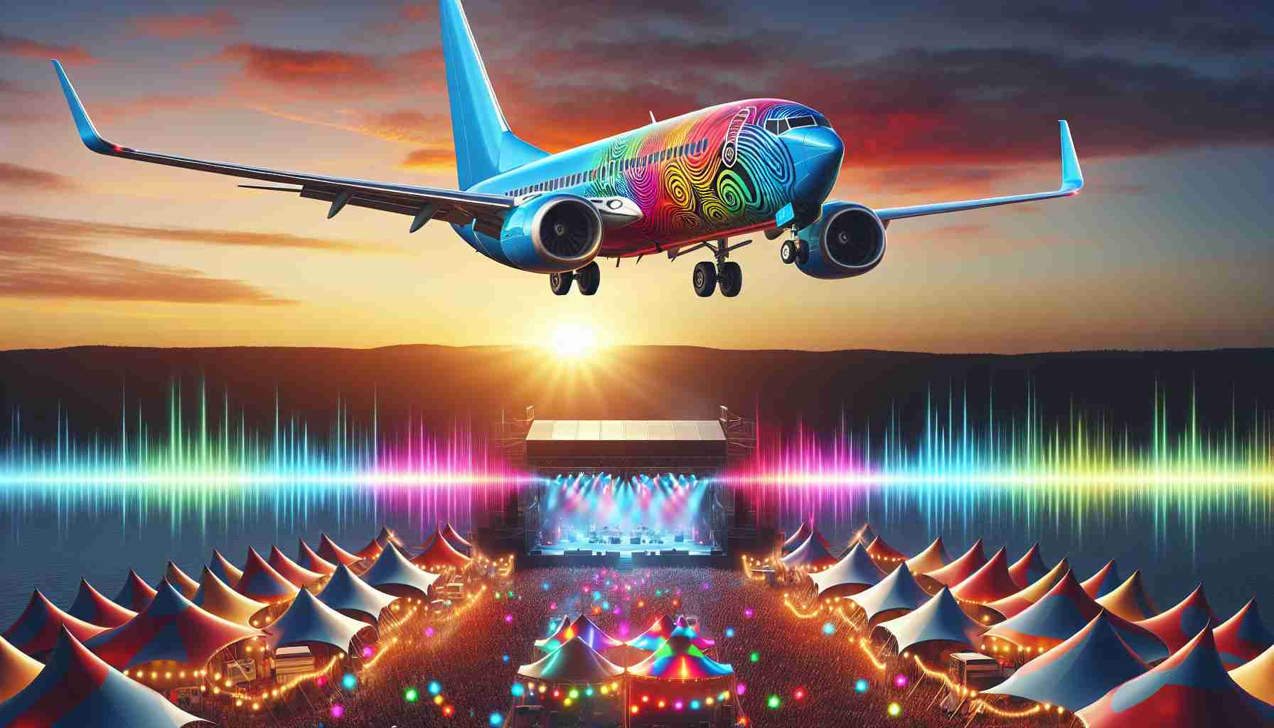 High definition, realistic image of a commercial aircraft, painted in the bright colors reminiscent of a music festival. This plane is flying in a clear sky with the sun setting in the background. The logo on the plane is an abstract design, not related to any real-world companies. Below the plane, there's a vibrant music festival happening, full of enthusiastic concert-goers. Colorful lights, tents, and stages fill the scene, along with sound waves visually represented as colored waves radiating from the stages.