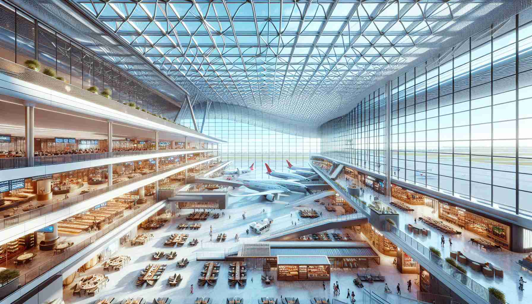 Generate a highly detailed, realistic image of an unparalleled airport experience under the theme 'The Sky's the Limit'. The scene should feature a state-of-the-art terminal with multiple levels, well-designed lounges, cutting-edge retail shops, and a diverse collection of restaurants catering to various cuisines from around the world. The airport's extensive glass facade should allow a clear view of the bustling runways where modern airplanes of various sizes are ready for departure. The environment should be filled with passengers of different descents and genders, each engaged in different activities, thus reflecting the  diversity of global travelers.