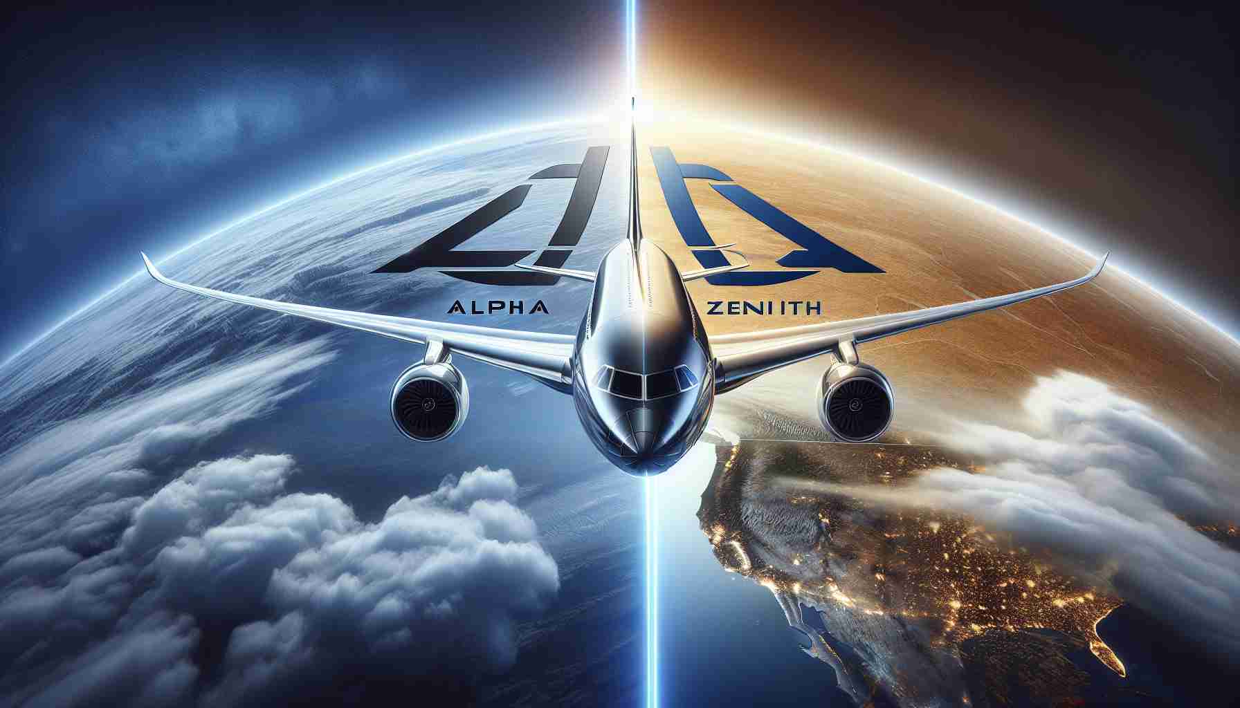 A high-definition, realistic image displaying the partnership between two prominent aviation companies, known here as Alpha and Zenith. They have joined forces to revolutionize transcontinental travel. The image should depict a cutting-edge, modern jet airliner that represents this alliance. Also, artistic incorporation of two different logos, each signifying the respective companies should be present. The background should include an expansive horizon suggesting the vastness of the globe they aim to traverse together.