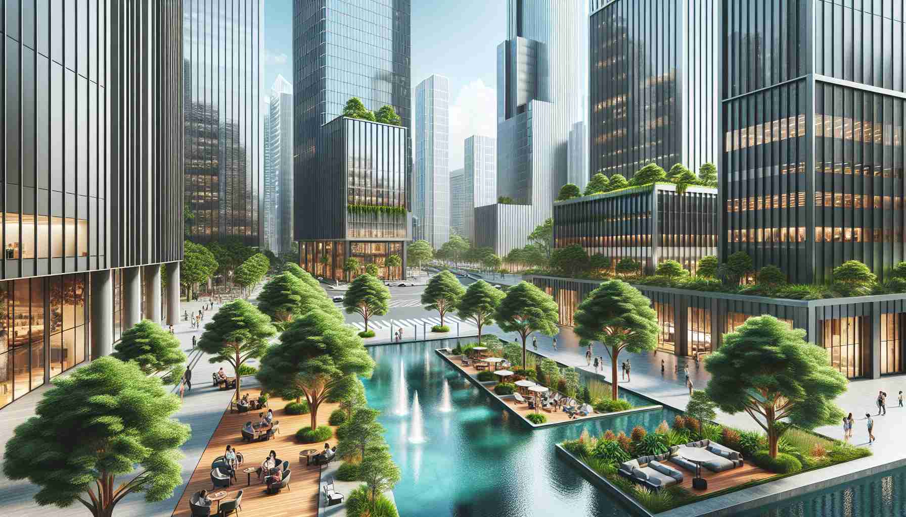 Create a high-definition, realistic image of a modern urban oasis in a generic downtown area. The oasis should feature lush green trees, tranquil water bodies and comfortable seating areas distributed amidst high rise buildings. The scene should portray a seamless coexistence of nature and urban elements, providing a hint of tranquility in the bustling city. Please include people of various races and genders going about their day, to add life to the image.