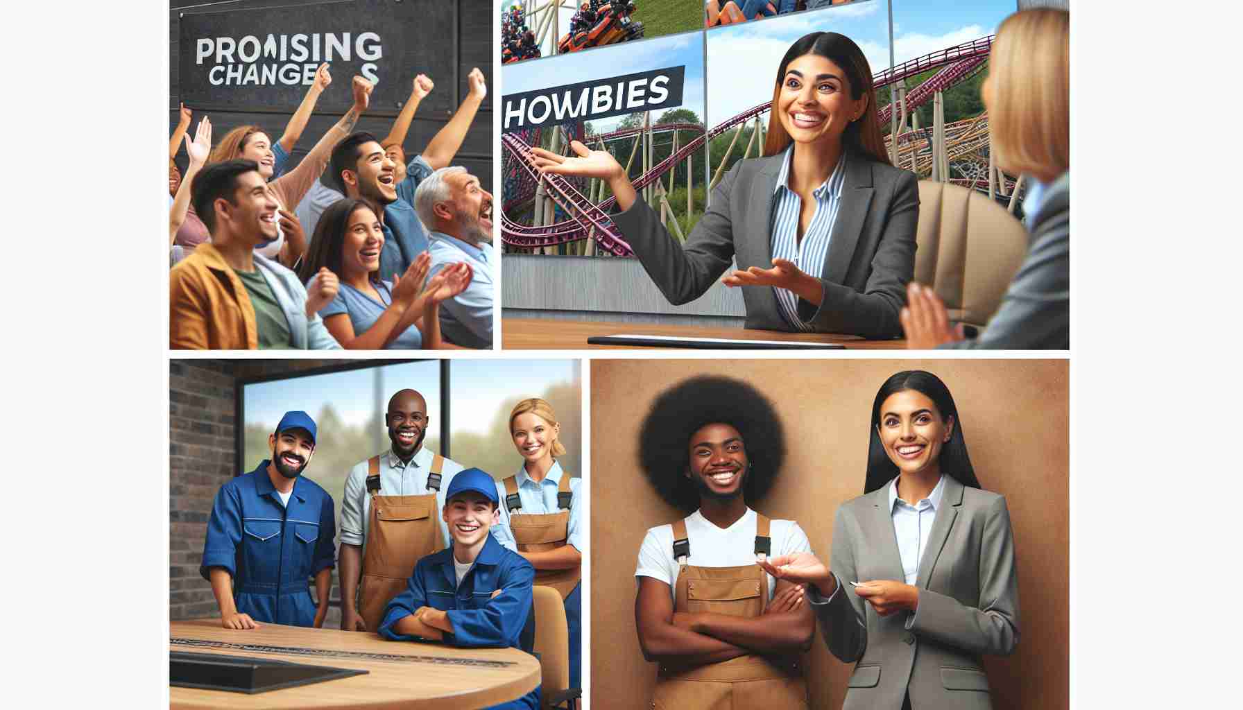 A high-definition, realistic image showcasing eager anticipation and promising changes for theme park employees. It may include diverse scenarios such as: a group of multicultural employees having a joyful discussion, a Hispanic female manager presenting new plans in a meeting room, a young Black male mechanic proudly maintaining a roller coaster, or a South Asian female employee confidently operating a ticket counter.