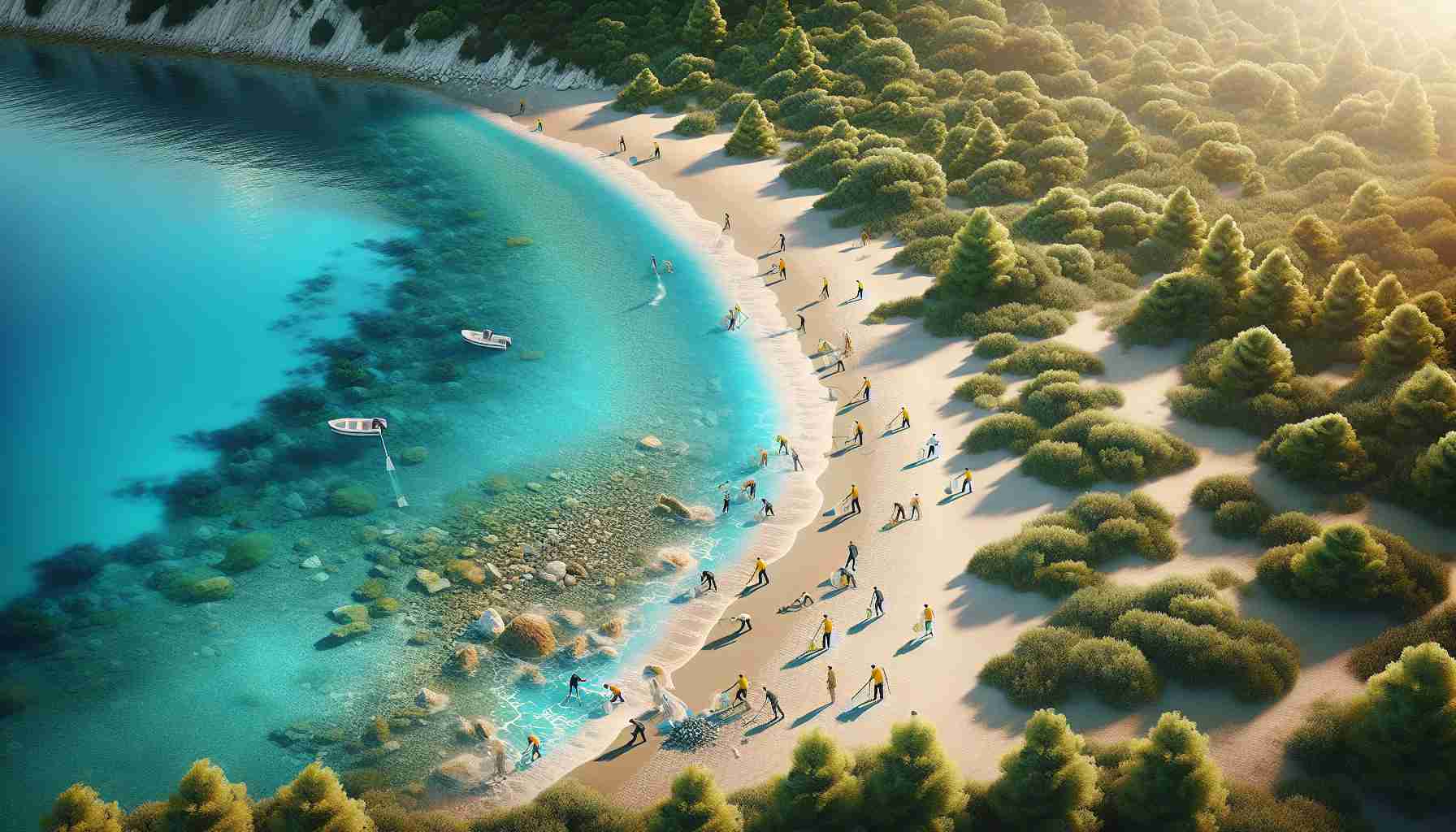 Realistically detailed high-definition image capturing the ongoing conservation endeavors to protect the secluded and pristine beachfronts in Greece. The picture may include elements such as environmental activists diligently working, picturesque untouched beaches with crystal-clear turquoise waters brushing against the sunlit sand, and lush greenery typical of Mediterranean landscapes.