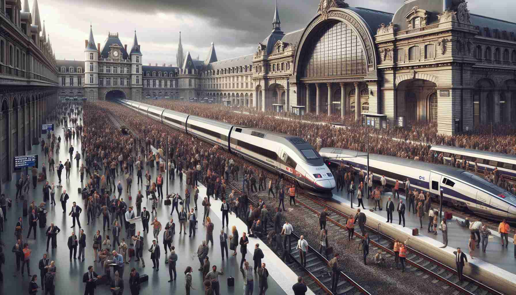 High-definition, realistic image depicting a disruption on a high-speed rail system in France. The scene should convey chaos and confusion: trains delayed, people milling around the station platform anxiously checking time schedules, officials trying to manage the situation, while the imposing architecture of a French train station forms the backdrop. Depicted in the crowd should be a mix of people of different genders and descents, such as Caucasian, Hispanic, Black, Middle-Eastern, and South Asian.