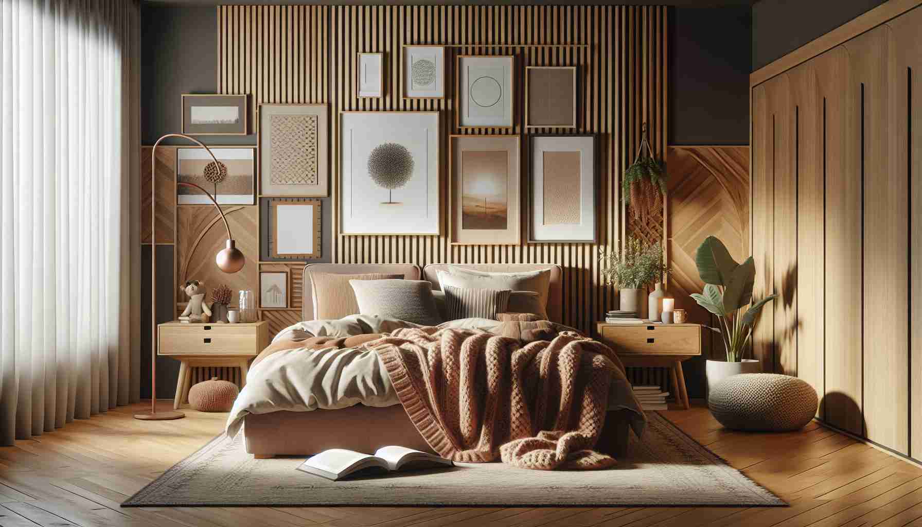 Render an image of a comforting and inviting bedroom space that exudes a personal touch. The room should have a warm color palette, with homey furniture such as a plush bed with a multitude of pillows, oak nightstands, contemporary wall art, and a knitted throw blanket. Accentuate the room with elements like stacks of books, a houseplant or two, and a decorative lamp, which spotlight the inhabitant's personality and taste. Make the room appear well-lit and spacious, combined with an element of coziness. Add even more character with mismatched picture frames and a window showcasing a peaceful view outside.