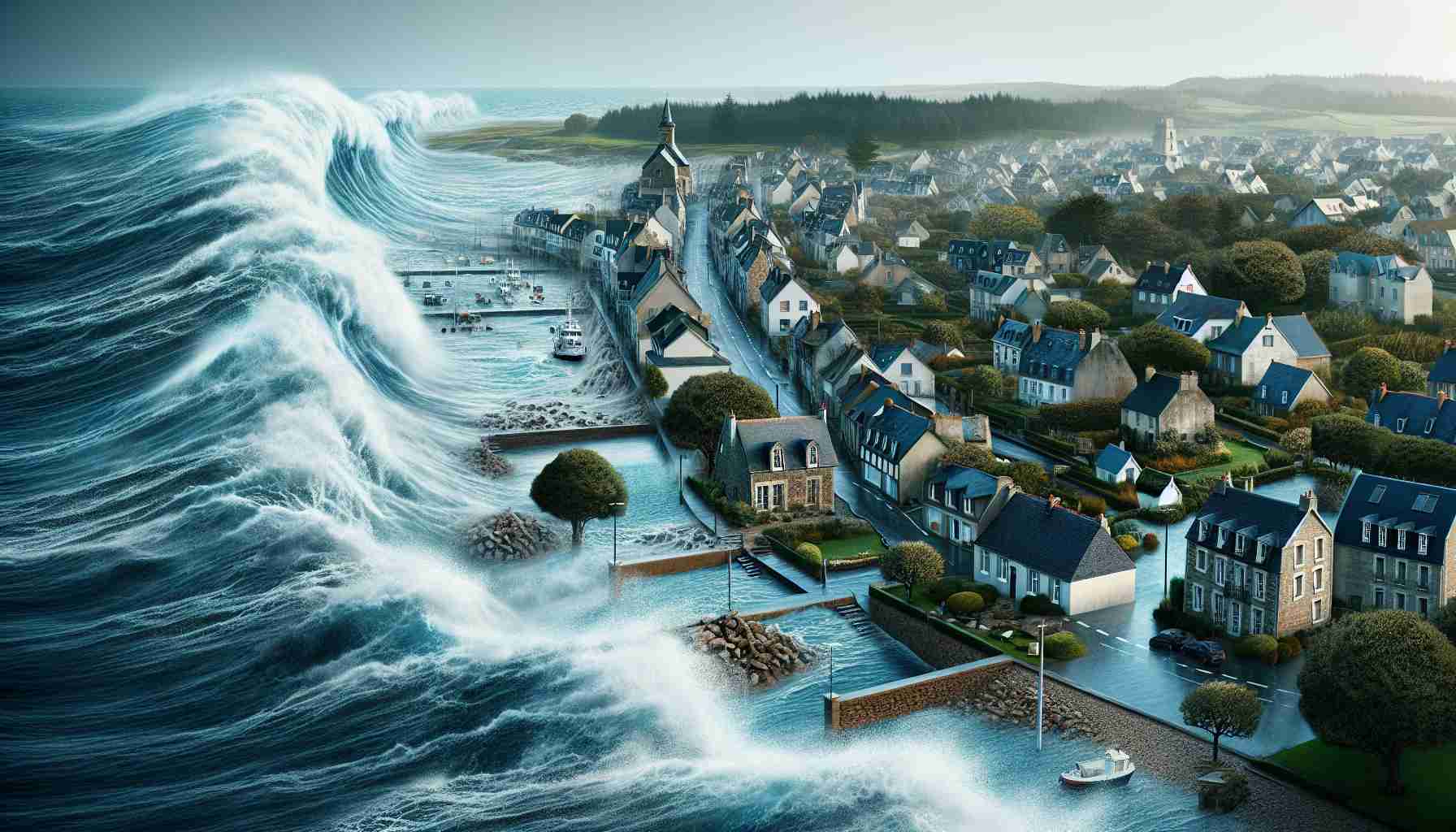 High definition image accurately depicting the potential dangers that tidal forces can pose to coastal communities. Show a powerful ocean tide rolling into a coastal town, with the houses, buildings, trees and other infrastructure illustrated realistically. The sky should be overcast, perhaps hinting at the imminent natural force. The sea should appear dynamic and threatening, with high, crashing waves. There may also be indicators of the community's efforts for protection, like sea walls or tide breakers, juxtaposing human resilience against the relentless power of nature.