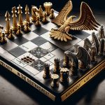 A realistic high-definition photograph representing a proxy struggle in the Southwest. This is conceptualized through symbols and metaphors. Picturing a chess board with opposite factions grandiosely represented, one side featuring the emblem of an activist investor symbolized by a gilded eagle, the other side displaying an abstract concept of strategy with pieces resembling tactical plans and defense mechanisms. Please note that the eagle and the tactical plans are just representing metaphorical concepts and are not portraying real persons or entities.