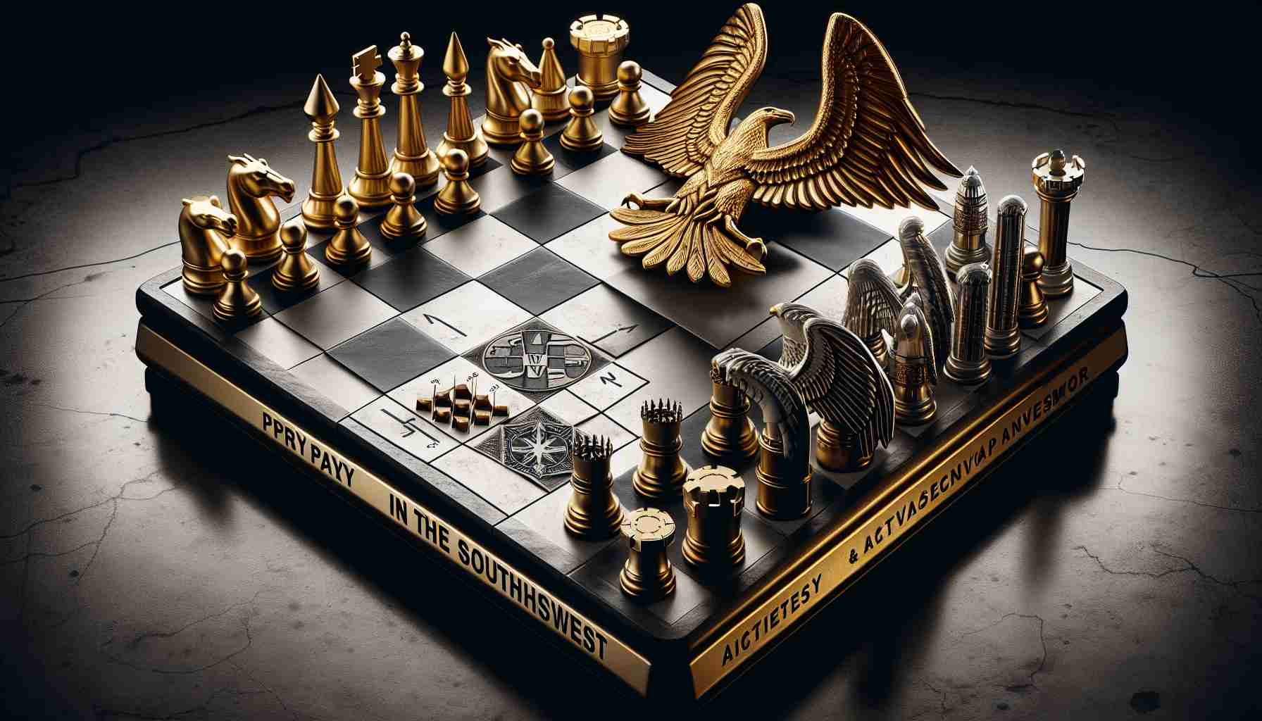 A realistic high-definition photograph representing a proxy struggle in the Southwest. This is conceptualized through symbols and metaphors. Picturing a chess board with opposite factions grandiosely represented, one side featuring the emblem of an activist investor symbolized by a gilded eagle, the other side displaying an abstract concept of strategy with pieces resembling tactical plans and defense mechanisms. Please note that the eagle and the tactical plans are just representing metaphorical concepts and are not portraying real persons or entities.