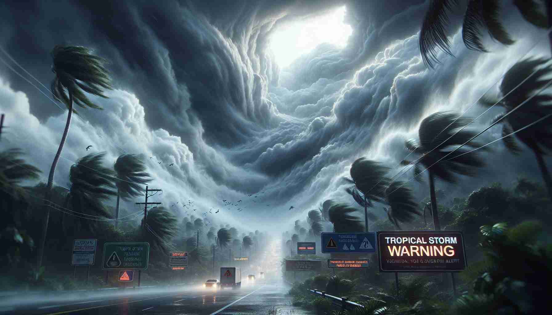 Realistic high-definition image of a tropical storm warning scenario. Visualize an imminent storm, dark skies filled with swirling grey clouds. The atmosphere is tense and the air is thick and wet with anticipation of the forthcoming torrential rainfall. Various signs and alerts indicating 'Tropical Storm Warning' are clearly visible. The surrounding trees and vegetation sway violently, under the heavy gusts of wind, provoking a sense of emergency and urgency.