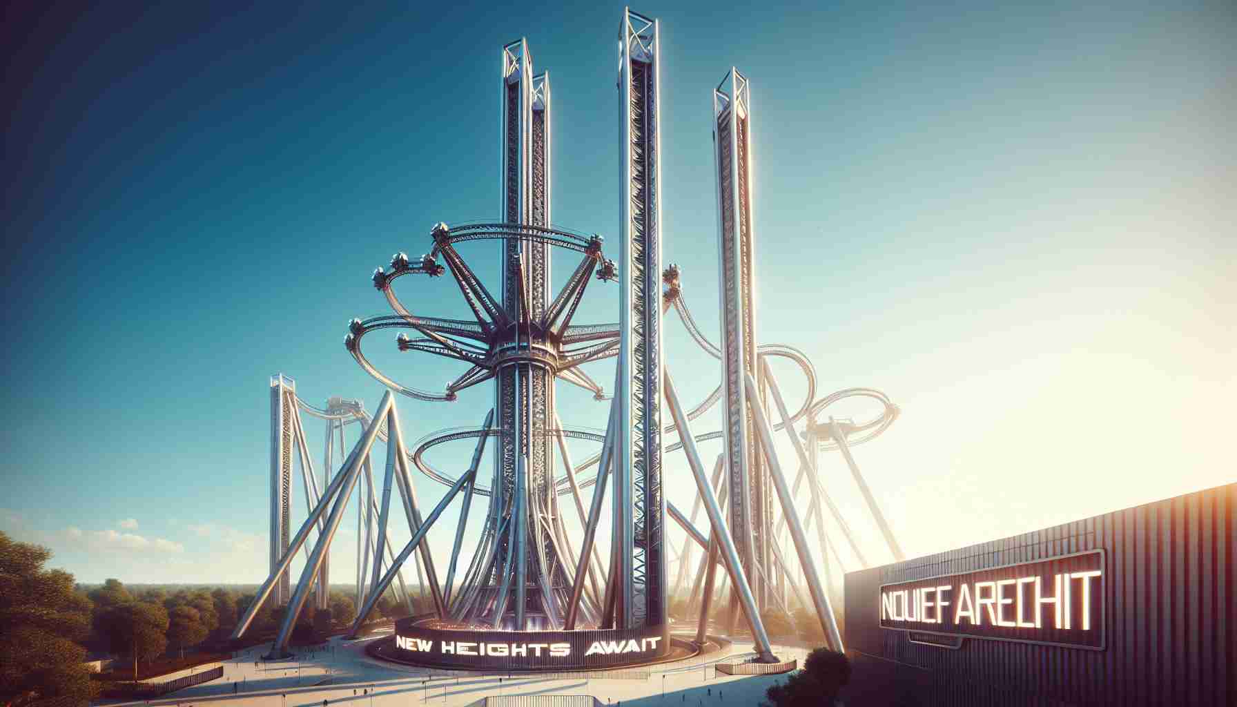 Generate a high-definition, realistic image of an electrifying, contemporary thrill ride at an amusement park, set a against a clear, bright blue sky. The structure of the ride is imposing, towering above the landscape, and conveys an air of thrilling anticipation. The logo 'New Heights Await' should be visible in the foreground. This spectacular structure should make viewers feel a sense of adventure and excitement.