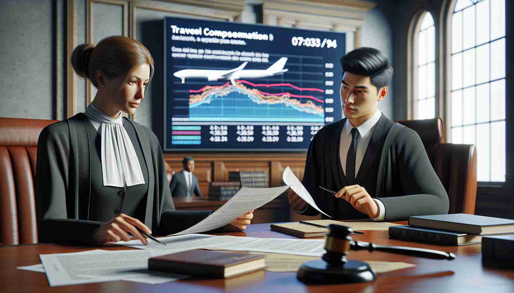 A realistic, high-definition image depicting legal action in progress related to airline delays. The scene is in a courtroom with a Caucasian female judge authoritatively reading a document and an Asian male lawyer discussing the case; documents and filings are scattered on the desk. Behind them is a screen displaying a colored chart showcasing travel compensation data. The overall mood of the image should be serious and professional, reflecting the gravity of the situation.