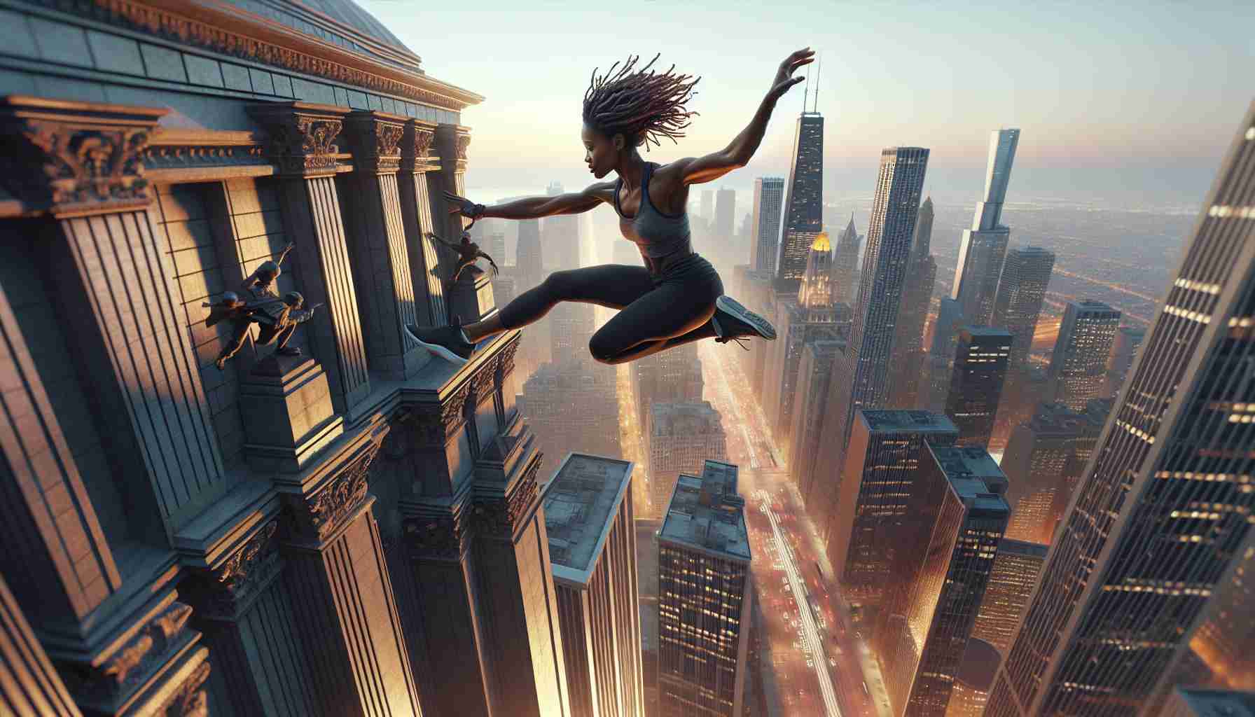 High-definition image showcasing an African-American female extreme sports enthusiast deftly conquering an imposing urban landmark. She astonishingly dances with danger while navigating the daunting structure, her athleticism and fearlessness encapsulated in a single fleeting moment. Imagine dusk lighting, the setting sun illuminating the vast cityscape stretched out behind her, reflecting off the mirrored surfaces of towering skyscrapers. The landmark could be a monumental urban statue or a significant architectural stricture like a bridge, the details of which are drawn in crisp detail.