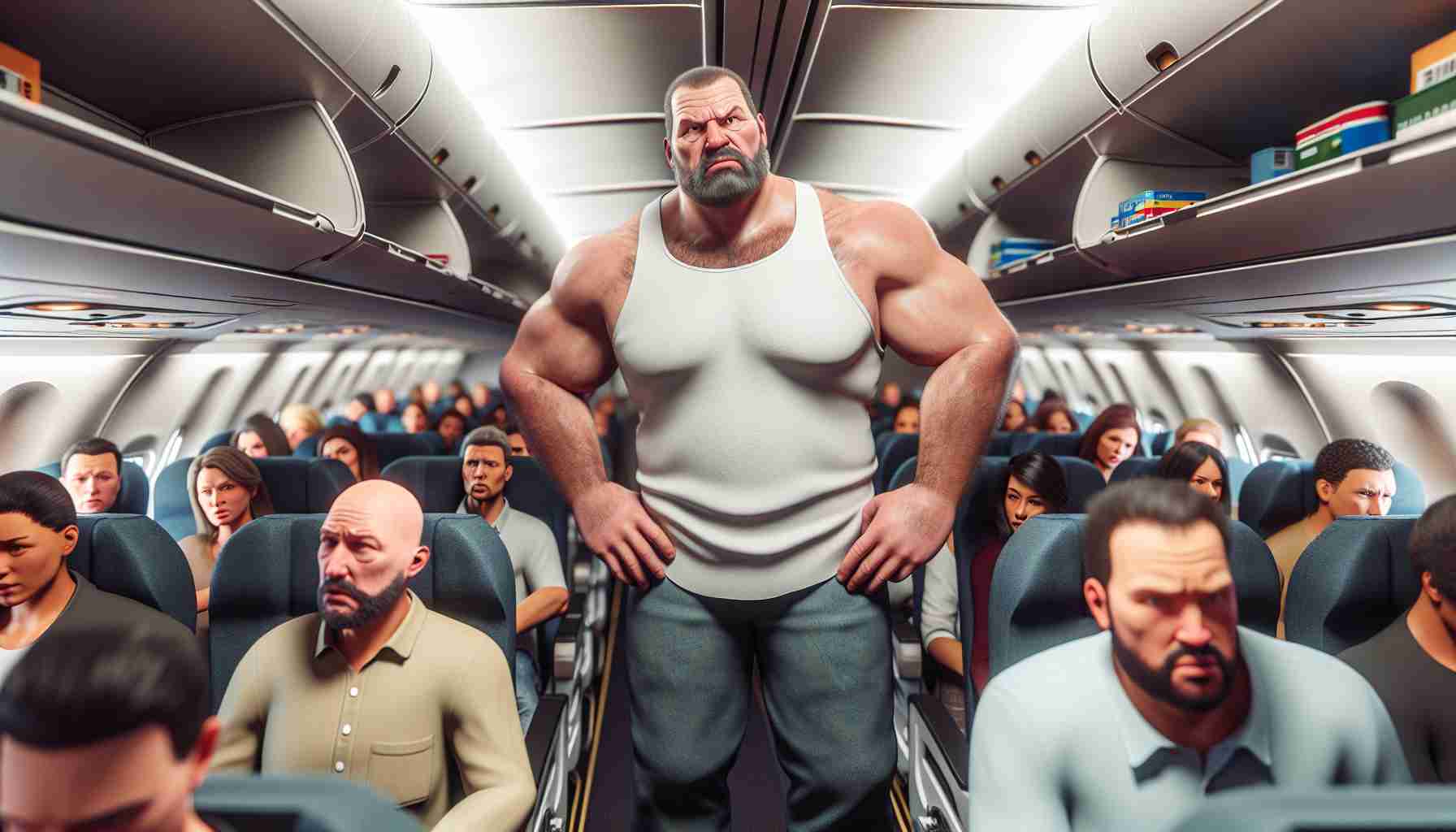 Realistic HD image of a burly man, presumed to be a retired American football player, causing a ruckus during a flight journey. The man is standing in the aisle of the airplane, looking uncomfortable and agitated. He is wearing casual attire, and the passengers around him appear distressed and confused by the situation unfolding.