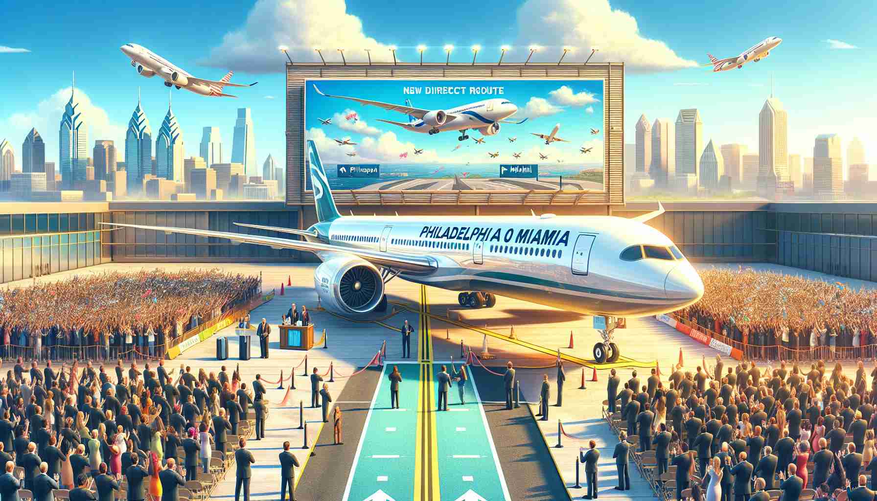 Depict an exciting event where a new direct airline route is being launched from Philadelphia to Miami. Visualize a vibrant ceremony under a clear sky at the airport, full of enthusiastic passengers, crew members, and representatives from the airline. In the foreground, an airplane, representative of the airline that has launched the service, should be positioned majestically. Make sure to include an informational billboard in the background celebrating the new route, displaying the names of the two cities and an airplane illustration inside a logo. The composition should be in high-definition and appear as realistic as possible.