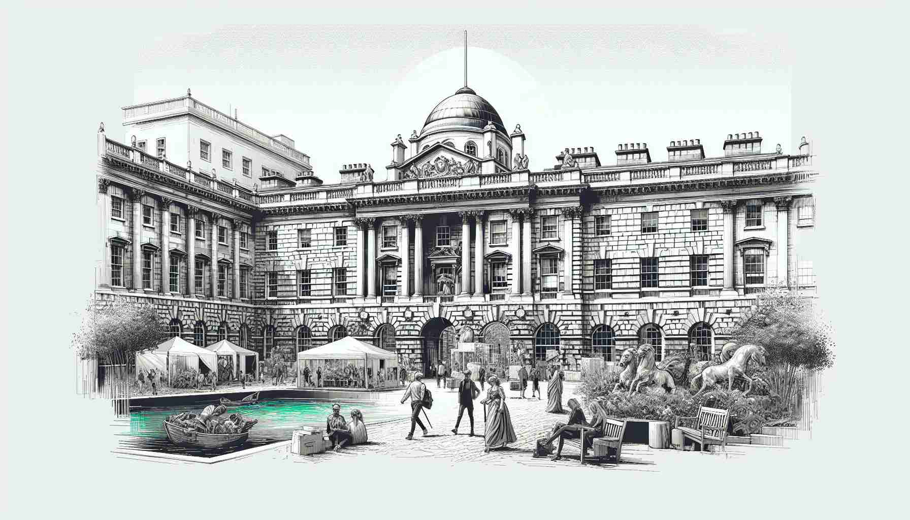 Generate a realistic, high-definition image of the Somerset House in London, England. Depict it as a vibrant haven for creativity, showcasing artistic elements such as sculptures, installations, or other forms of visual art. Add a sense of dynamic energy to the scene, perhaps by adding people engaged in creative activities. Do not include any specific persons or copyrighted characters. Try to depict the historical charm of the building while infusing it with the modern spirit of art and creation.