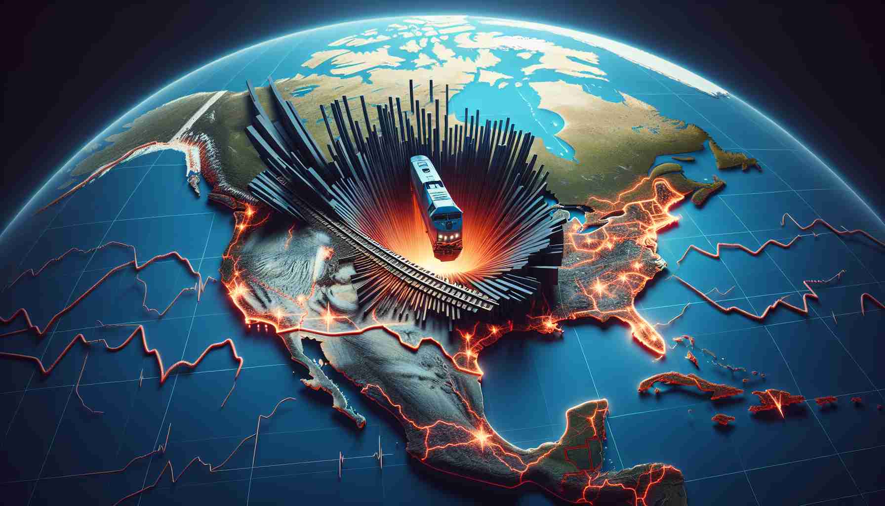 Create a realistic, high-definition illustration that encapsulates the concept of disruption in rail services causing widespread impact across North America. Depict this through a map of North America with major railway lines, a broken rail track symbol to signify disruption, and shockwaves radiating out from this symbol across the map, representing the far-reaching consequences.