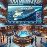 Generate a realistic high-definition image showing the scene inside a cruise ship, representing how guests might respond to unexpected itinerary changes. Show a range of emotions including excitement, confusion, and frustration. The cruise ship should be indicative of a luxurious, modern vessel with features like a large central atrium, various restaurants and bars, pools, and entertainment arenas. In the image, depict a digital screen displaying the ship's route, now marked with a sudden change in course. Include guests interacting with ship's crew for queries or clarifications.