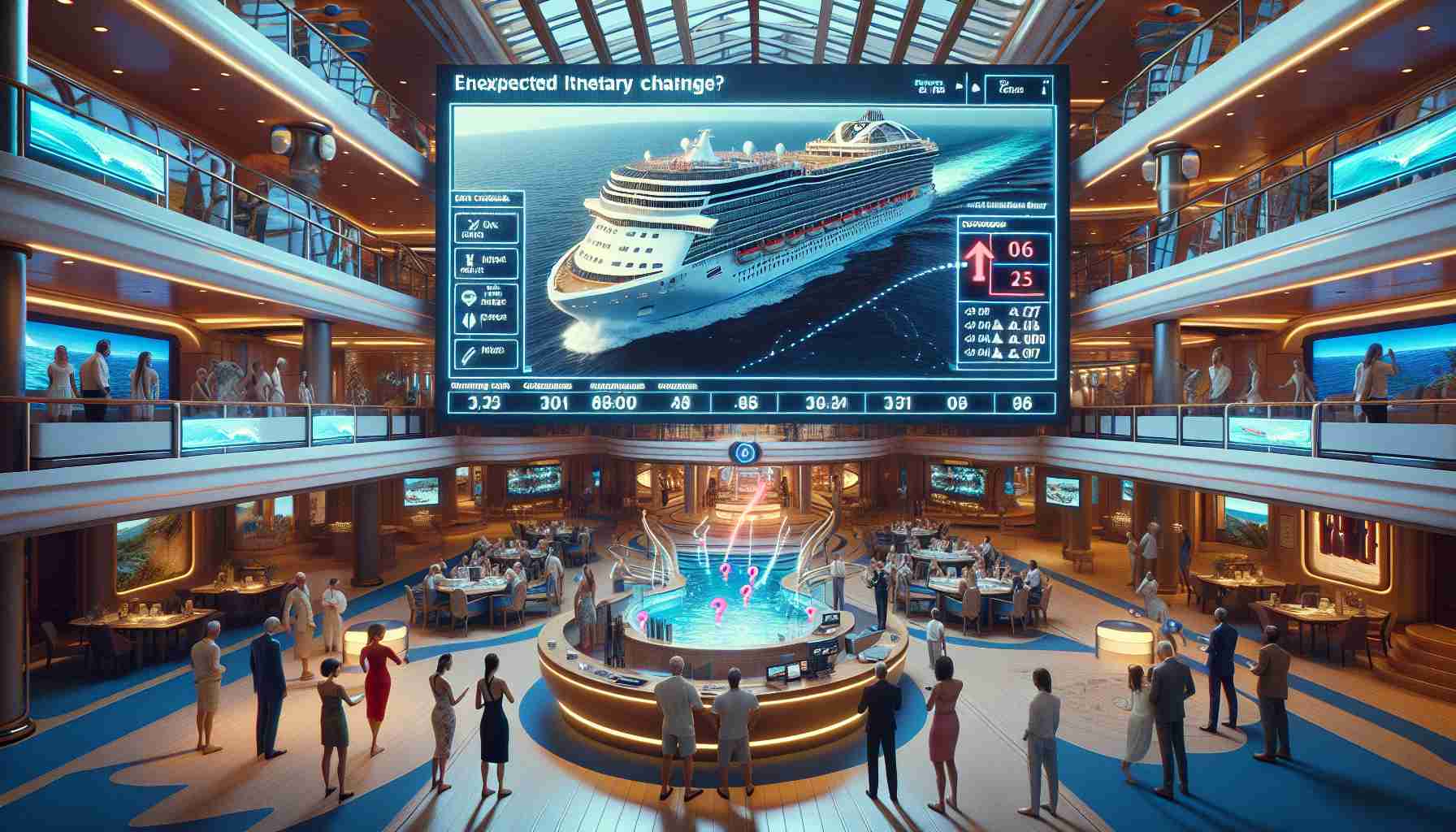 Generate a realistic high-definition image showing the scene inside a cruise ship, representing how guests might respond to unexpected itinerary changes. Show a range of emotions including excitement, confusion, and frustration. The cruise ship should be indicative of a luxurious, modern vessel with features like a large central atrium, various restaurants and bars, pools, and entertainment arenas. In the image, depict a digital screen displaying the ship's route, now marked with a sudden change in course. Include guests interacting with ship's crew for queries or clarifications.