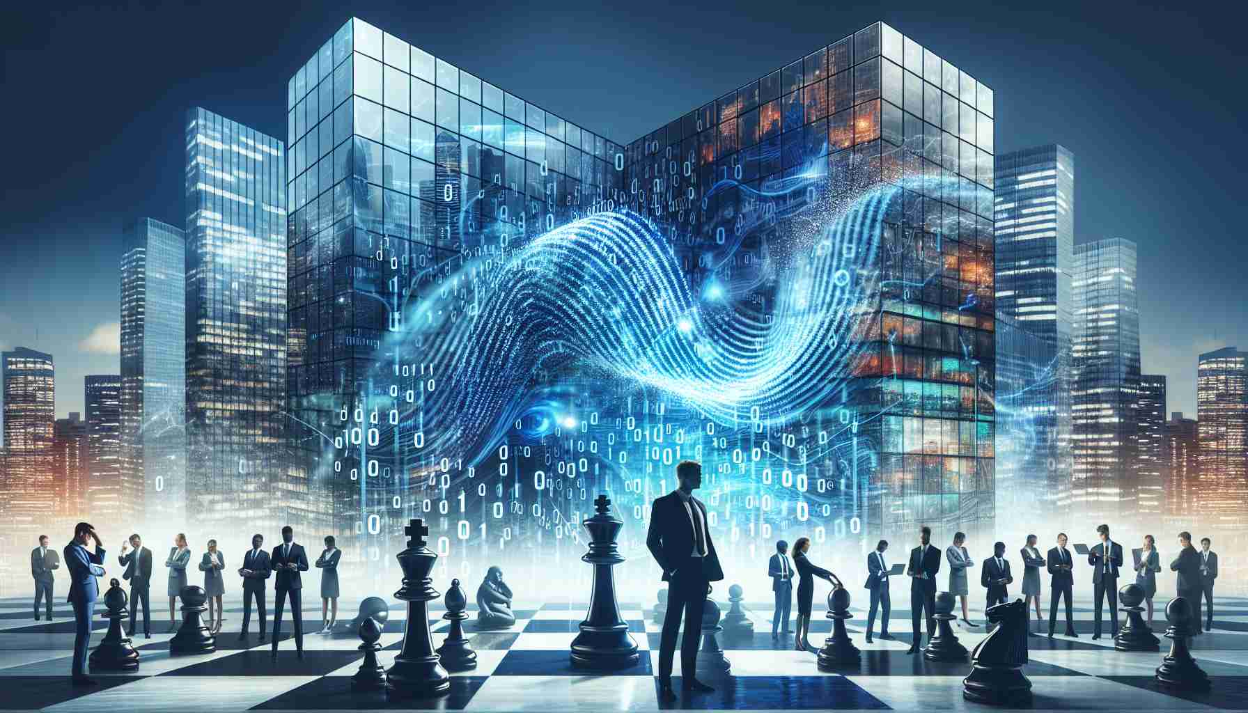 Visualize a stunning, high-definition image which represents the theme of 'Technology Disruption Unveils Corporate Blame Game'. In the centre, illustrate a large digital interface showing a wave of binary code, representing technological disruption. Around this, have translucent corporate buildings reflecting in various shades of blue and grey. Some Windows display people in business suits of different genders and descents like Black, Caucasian, Asian, and Hispanic engaged in heated discussions blamed on the technology wave. A chess board in the foreground symbolizes strategic decision making in corporations. The waves of the binary code are dispersing the chess pieces, representing the disruption caused in corporates by technology.