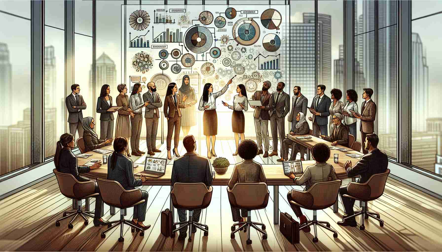 A detailed illustration of a diverse group of potential investors expressing their interest in an entertainment industry powerhouse. It's a lively conference room scene wherein individuals of South Asian, Caucasian, Black, Middle-Eastern, and Hispanic ethnicity are engaging in discussion. Both genders are represented, with some individuals pointing towards diagrams and graphics on the screen. The atmosphere is buzzing with excitement and anticipation as they go over plans and strategies, illuminated by the soft light filtering in through the large panoramic windows.