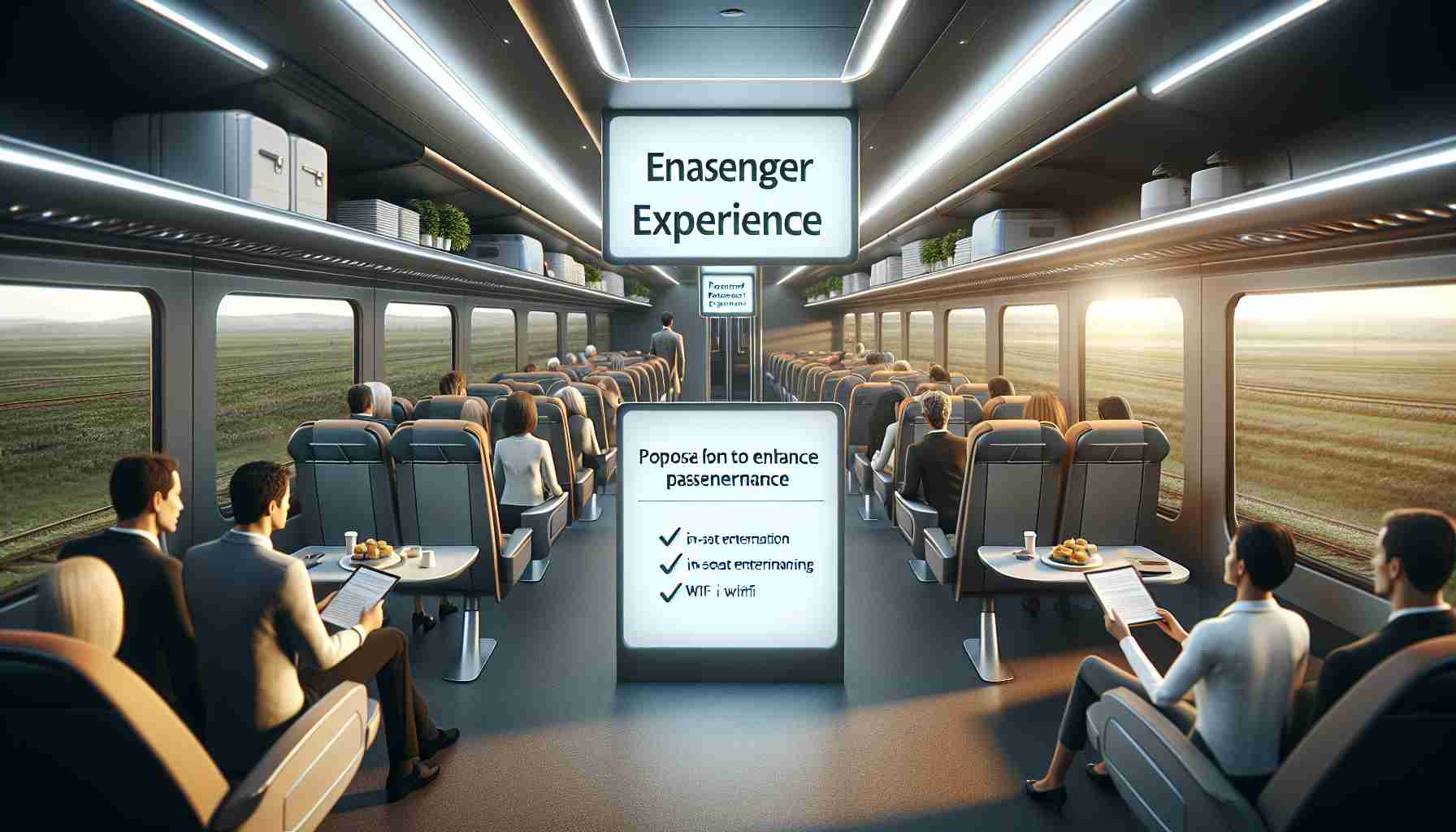 A high-definition realistic image showcasing the concept of enhanced passenger experience. This could include elements such as a spacious, well-lit, clean interior of a modern vehicle, such as a train, bus or airplane. Passengers could be visibly content and comfortable, perhaps enjoying amenities like in-seat entertainment, snacks or wifi. Prominently display a sign suggesting the guidelines for a proposal to enhance passenger experience.