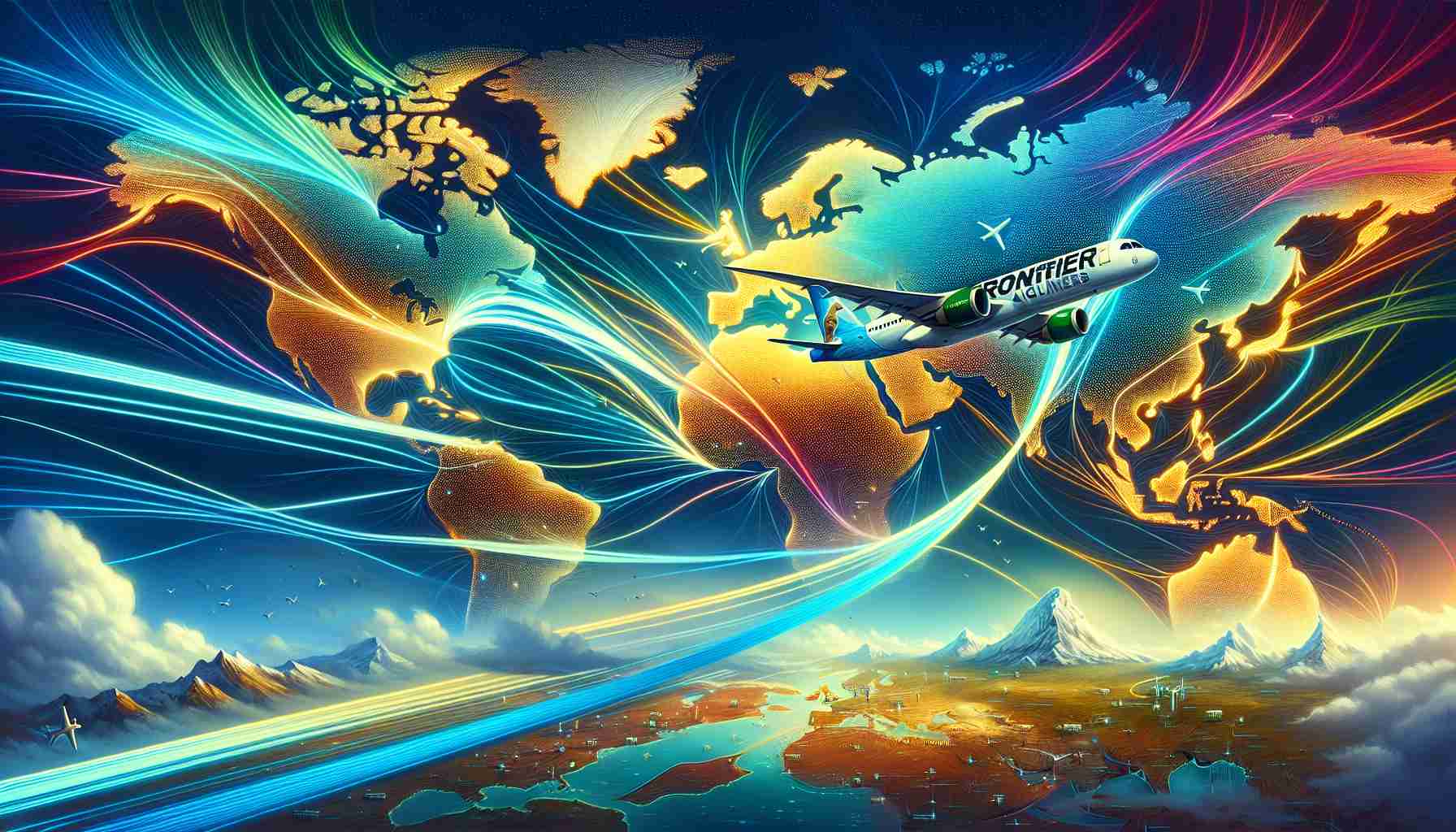 A vivid, high definition illustration of Frontier Airlines expanding its routes with intriguing new destinations. The image showcases an airplane mid-flight against a picturesque sky, with dotted lines emerging from the aircraft to mark its extended route across an illustrated world map. The map is detailed, featuring multiple new indicated destinations scattered around. Emphasizing an adventurous theme, the scene brims with anticipation, possibility, and vibrance, conveying the thrill of exploring new horizons.