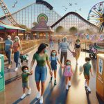 A high-resolution, realistic image showing a magical theme park bustling with people. The image should emphasize safety measures in place. Around the park, we can see several hand sanitizer stations conspicuously placed and staff members are frequently seen cleaning and sanitizing the rides. There are signs encouraging social distancing and mask-wearing. A family of diverse descent is seen in the foreground, a Caucasian dad, a Middle-Eastern mom, a South Asian boy, and a Hispanic girl, all properly wearing colorful masks. The weather is sunny, accentuating the vibrant colors of roller coasters and Ferris wheel, adding to the overall joyful atmosphere.