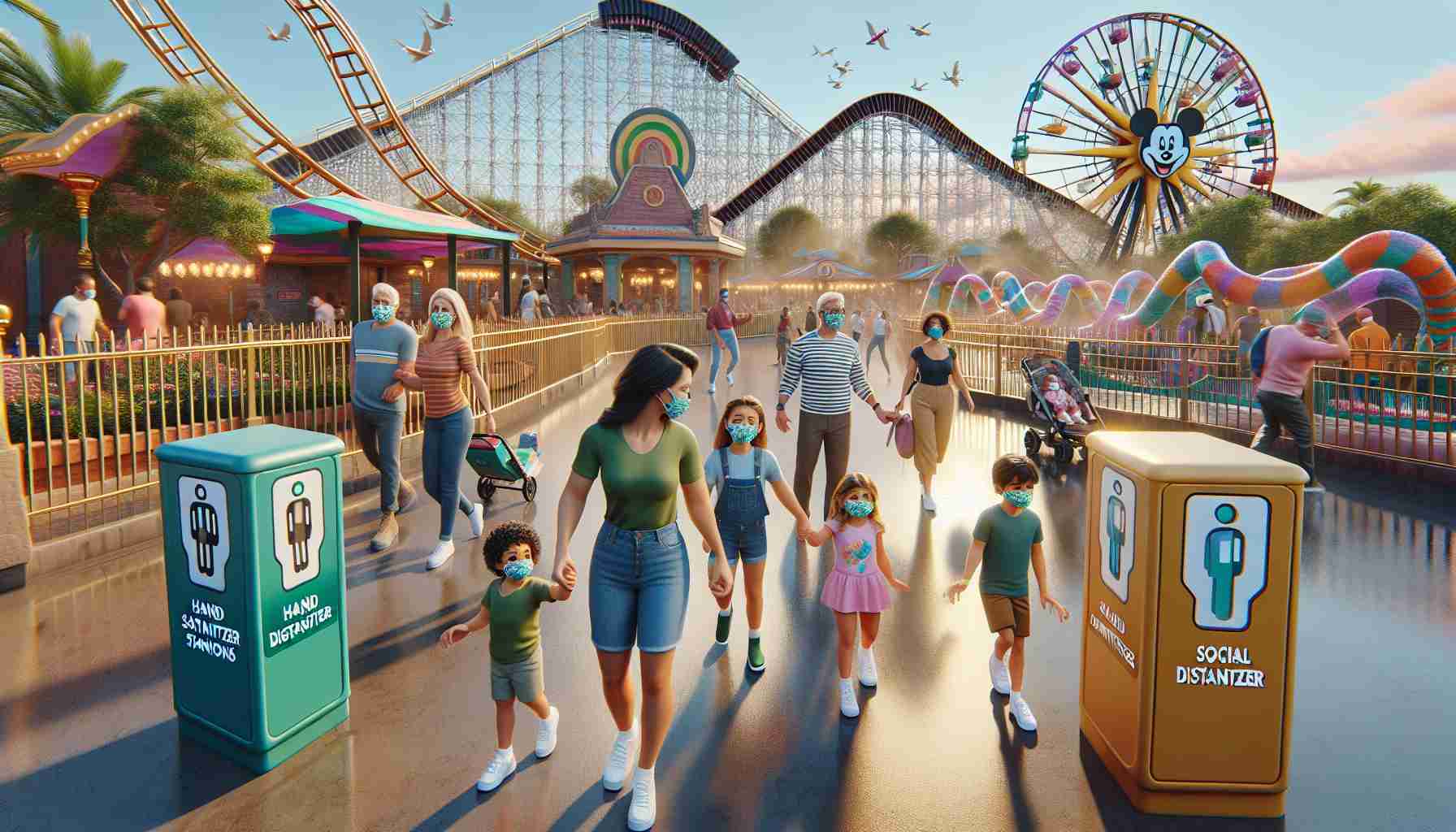 A high-resolution, realistic image showing a magical theme park bustling with people. The image should emphasize safety measures in place. Around the park, we can see several hand sanitizer stations conspicuously placed and staff members are frequently seen cleaning and sanitizing the rides. There are signs encouraging social distancing and mask-wearing. A family of diverse descent is seen in the foreground, a Caucasian dad, a Middle-Eastern mom, a South Asian boy, and a Hispanic girl, all properly wearing colorful masks. The weather is sunny, accentuating the vibrant colors of roller coasters and Ferris wheel, adding to the overall joyful atmosphere.