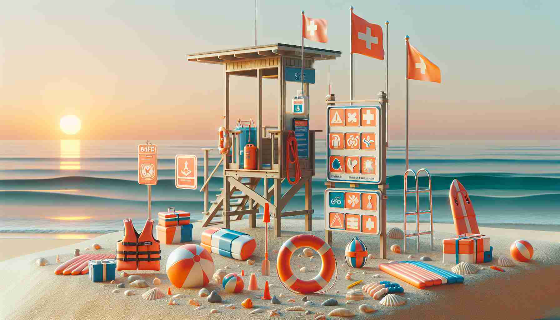 Generate a high-definition, realistic image depicting a safety scenario at the seashore. It might include clear signage, lifeguard towers, buoys, and safety equipment like life vests and floaties. Enhance the scene with beautiful beach elements such as sand, waves, seashells, and maybe a setting sun in the distance.