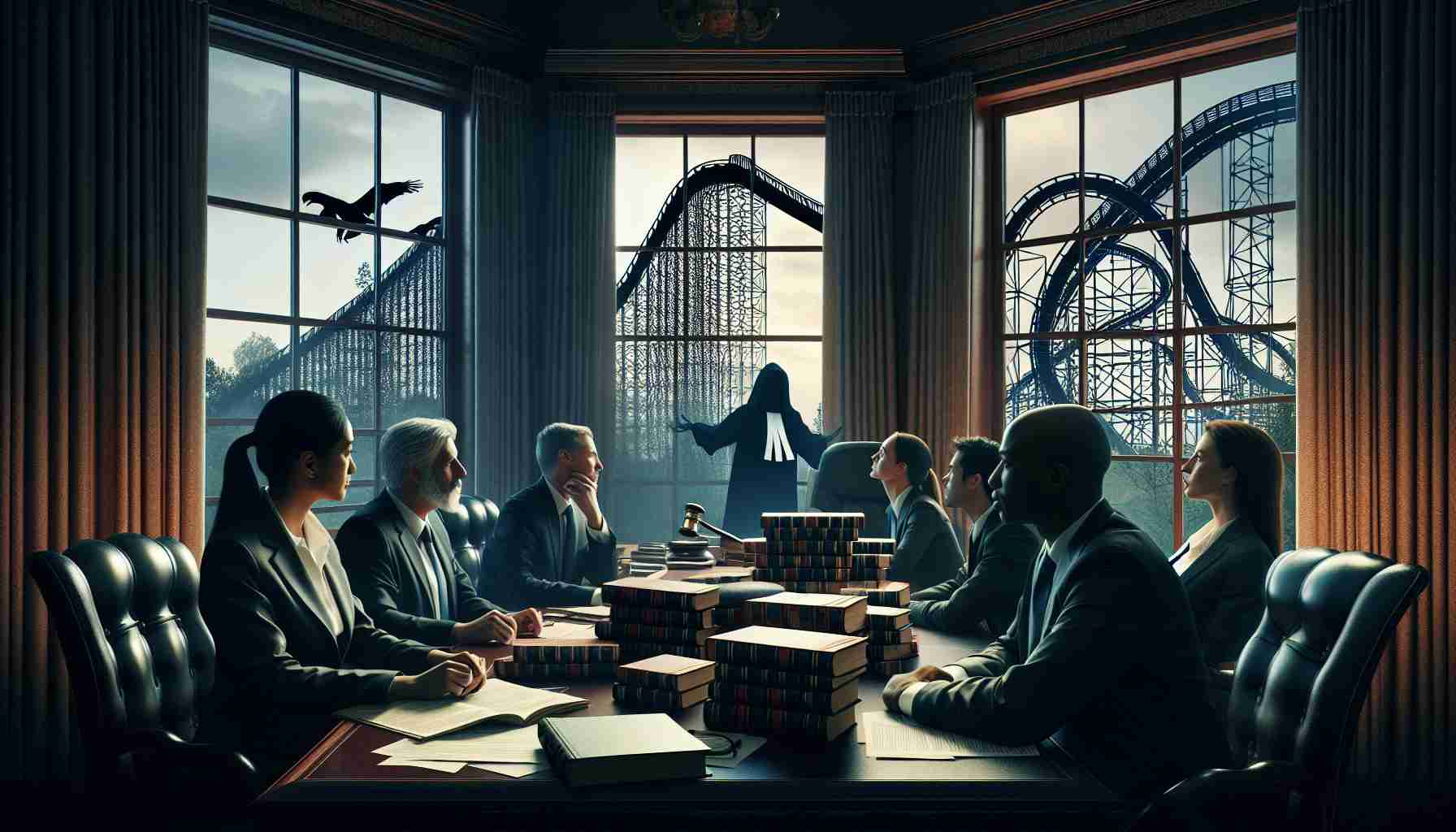 Generate a realistic, high-definition image representing a legal battle unfolding following a tragic incident at a popular amusement park. The scene features a room filled with law books, legal documents spread out on a table, along with lawyers of diverse ethnicities – one South Asian woman, a Caucasian man, a Hispanic woman – immersed in discussion. Outside the window, there's the silhouette of a grand roller coaster, symbolizing the theme park. The atmosphere is serious and intense.