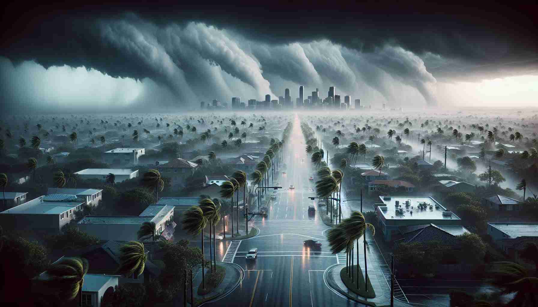 High-definition, realistic image of the state of Florida as it braces for an imminent severe weather. Visualize storm clouds gathering ominously in the distance, causing the atmosphere to turn dark and foreboding. The palm trees are swaying violently in the compelling winds, streets are deserted as locals wait with bated breath, a few parked cars can be seen in the streets, and homes and buildings are safely barricaded in preparation. Exemplify the anticipation and tension that underlies just before the devastating storm hits.