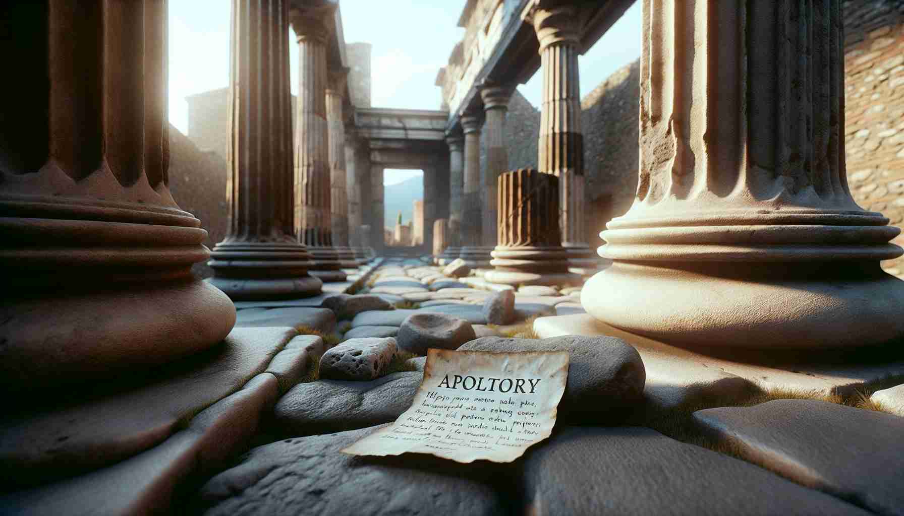 Render a realistic, high-definition image depicting a unique moment captured in the annals of touristic history. Show a spot in the ancient ruins of Pompeii, where a repentant tourist has left an apology note for previous defacement of the historic site. Include details of the weathered stones, surrounding antiquities, and the note apologizing and expressing regret, delicately placed amidst the ruins. Atmospheric elements like the Mediterranean sun subtly illuminating the scene and a gentle breeze rustling the note could add to the realism.