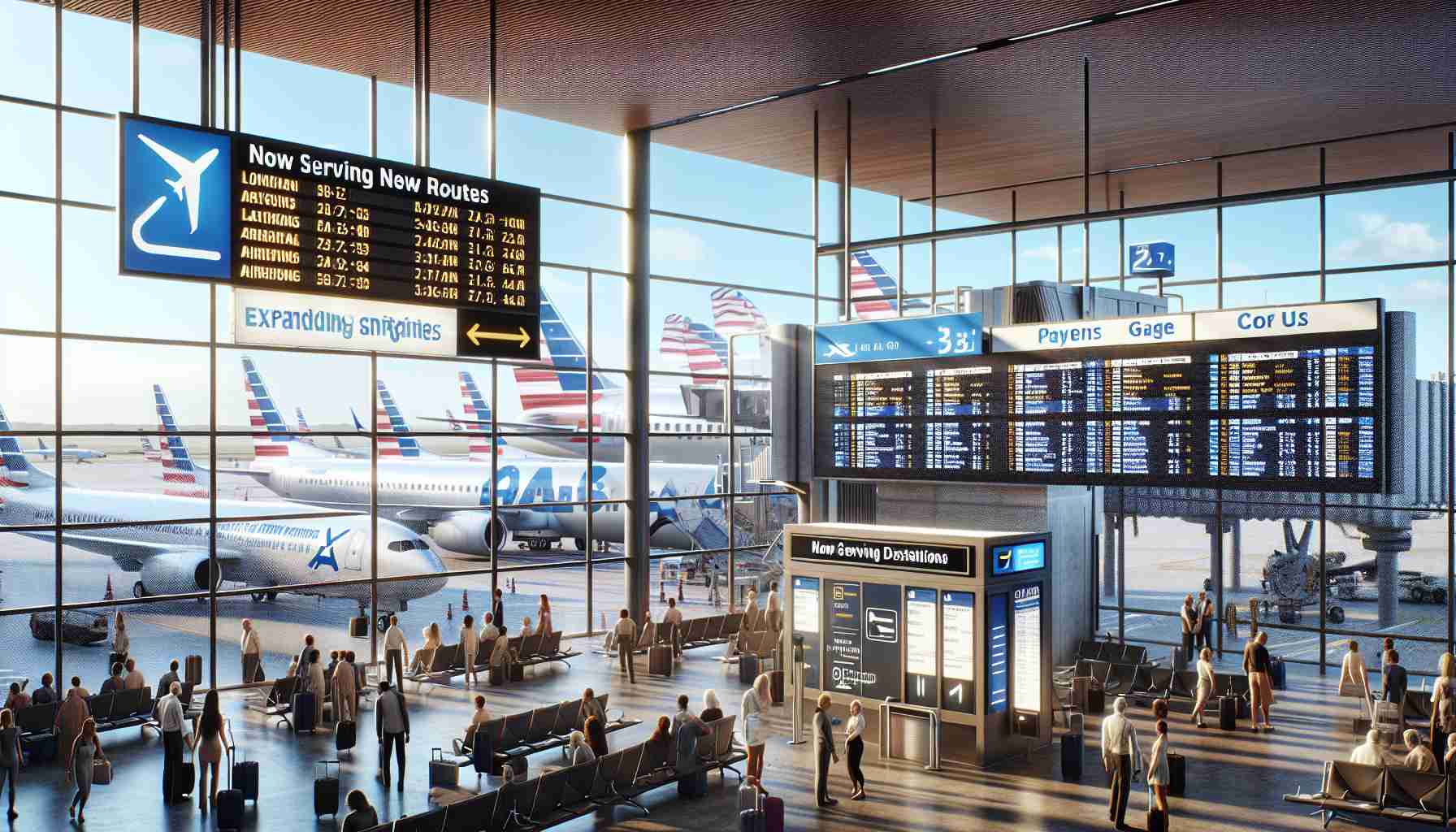 Imagine a high-resolution, realistic image illustrating a bustling scene at a major U.S. airport. The gate area is filled with eager passengers waiting to board their flight. Prominent signage shows the logo of a new low-cost airline, proudly announcing 'Now Serving New Routes'. There are digital display boards that show a list expanding destinations. Some airport personnel are quietly engaged in their tasks, ensuring everything runs smoothly. Planes branded with the airline's logo can be spotted on the tarmac through the large glass windows. Their fuselages gleam under the sunlight, symbolizing the rise of a novel budget-conscious air-travel option.