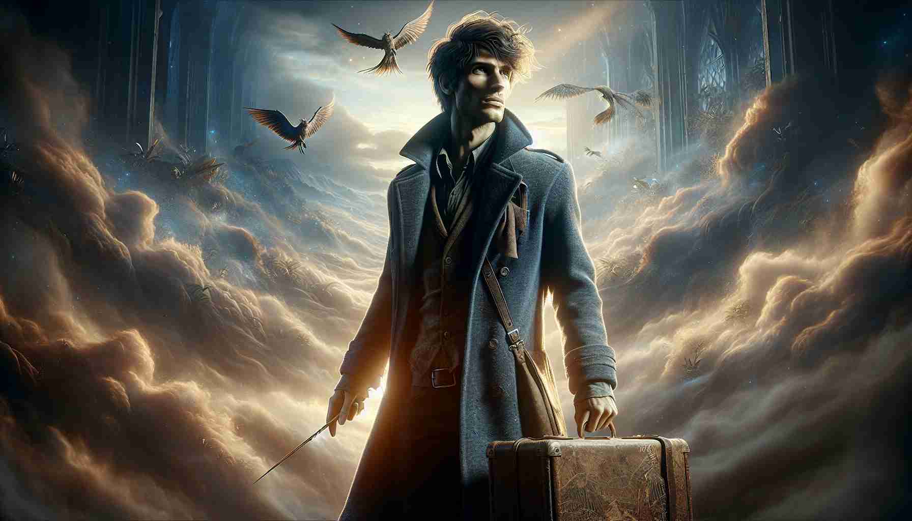 High definition, photorealistic depiction of a imaginative, fascinating beast handler with a lithe physique and tousled hair, in an expansive fantasy universe. He is cloaked in a blue coat, a wand tucked in his pocket and carries an old suitcase filled with an array of rarely-seen, captivating magical creatures.