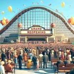 Generate a realistic high-definition image of a grand reopening event. The focal point should be a vintage roller coaster in the backdrop with a crowd of excited people from various descents and genders gathered around. It's a sunny day and the sky is clear blue. Balloons and confetti fill the air, signifying the celebration of this significant event.