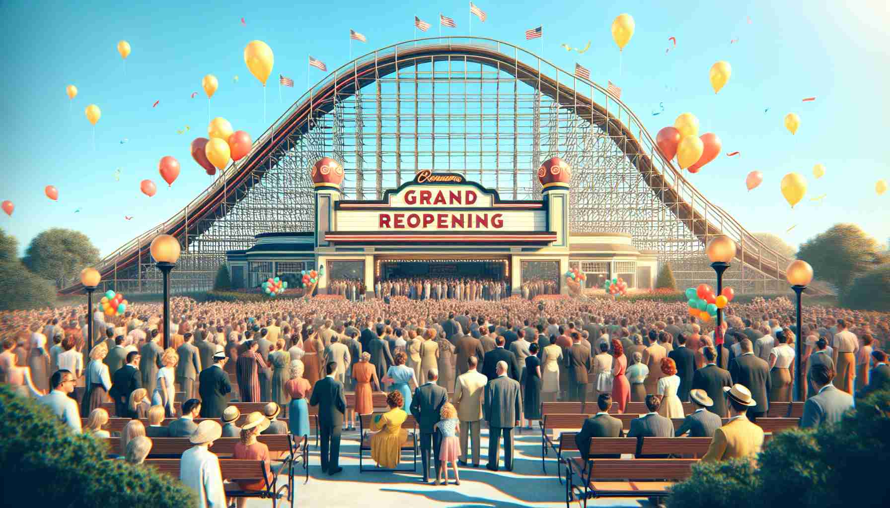 Generate a realistic high-definition image of a grand reopening event. The focal point should be a vintage roller coaster in the backdrop with a crowd of excited people from various descents and genders gathered around. It's a sunny day and the sky is clear blue. Balloons and confetti fill the air, signifying the celebration of this significant event.