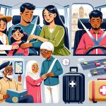 An image displaying a multi-ethnic family in the midst of a family trip. The primary focus should be on the safety precautions they take while traveling: the Hispanic father securing the seatbelt of his South Asian daughter in a car, a Middle Eastern mother showing her black son how to hold onto handrails when moving in a bus, and a white teenager checking the maps and GPS on his phone to ensure the correct route. Also, subtlety weave the element of safety into the luggage they carry, the first-aid kit being carried by the Caucasian grandmother and so on.