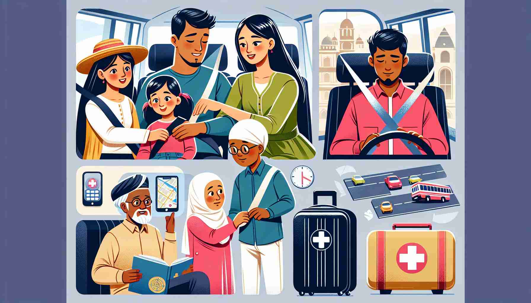 An image displaying a multi-ethnic family in the midst of a family trip. The primary focus should be on the safety precautions they take while traveling: the Hispanic father securing the seatbelt of his South Asian daughter in a car, a Middle Eastern mother showing her black son how to hold onto handrails when moving in a bus, and a white teenager checking the maps and GPS on his phone to ensure the correct route. Also, subtlety weave the element of safety into the luggage they carry, the first-aid kit being carried by the Caucasian grandmother and so on.