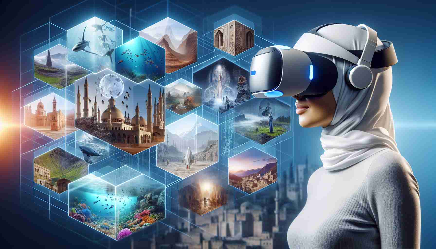 High definition, realistic image depicting the benefits of immersive virtual reality experiences. Visualize a person wearing a modern virtual reality headset. The person could be a Middle-Eastern woman, fully engaging with the 3D environment she's interacting within. Around her, the 2D scene might transform into various 3D scenarios, such as undersea exploration, climbing a beautiful mountain, and walking through an ancient historic city. The diversity in her experiences reflects the wide range of possibilities offered by virtual reality.